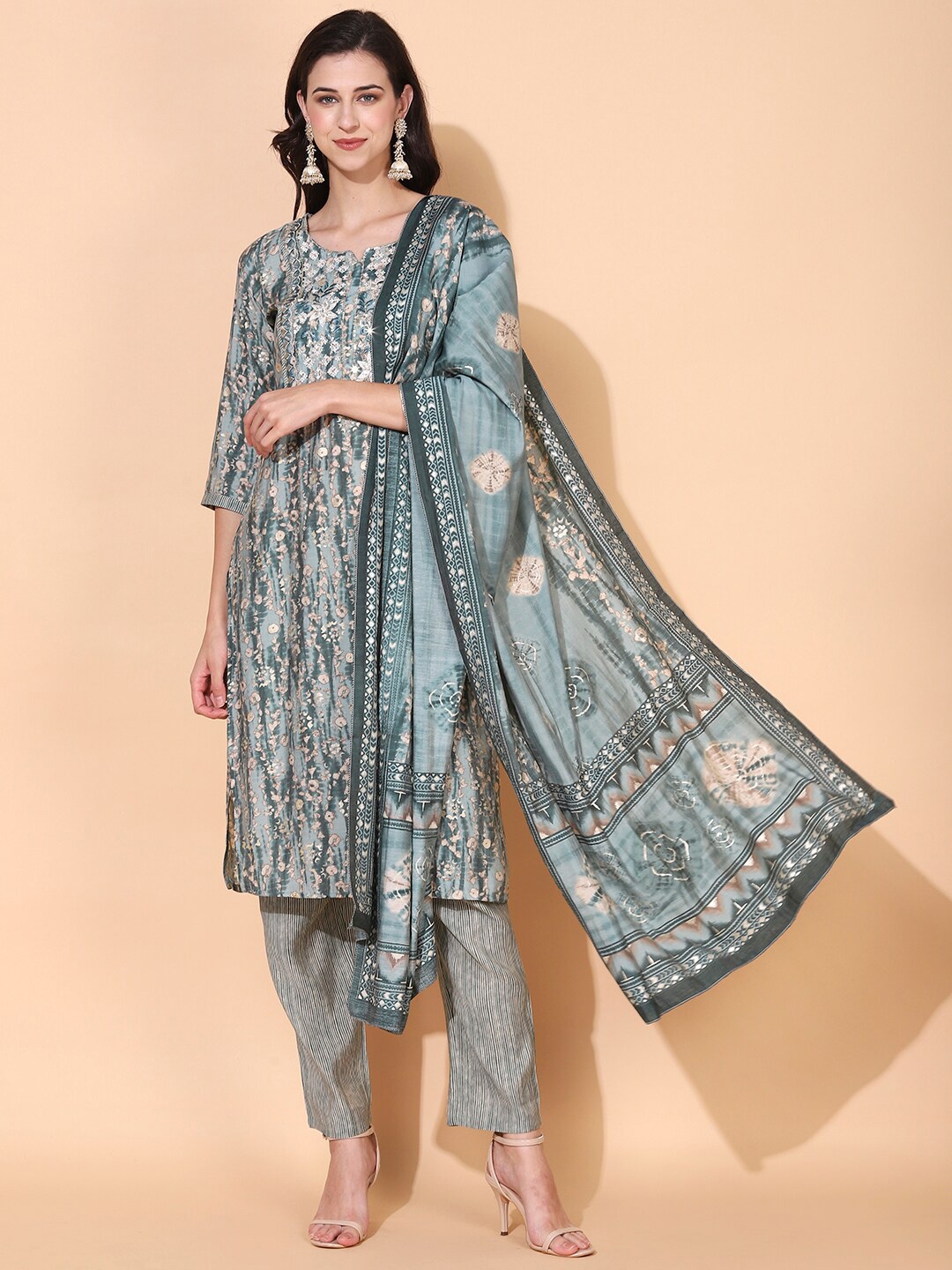 

FASHOR Women Sea Green Embroidered Straight Kurta with Trousers & With Dupatta