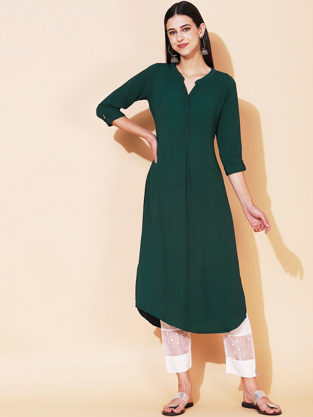 

FASHOR Women Green Solid Cotton A-Line Kurta