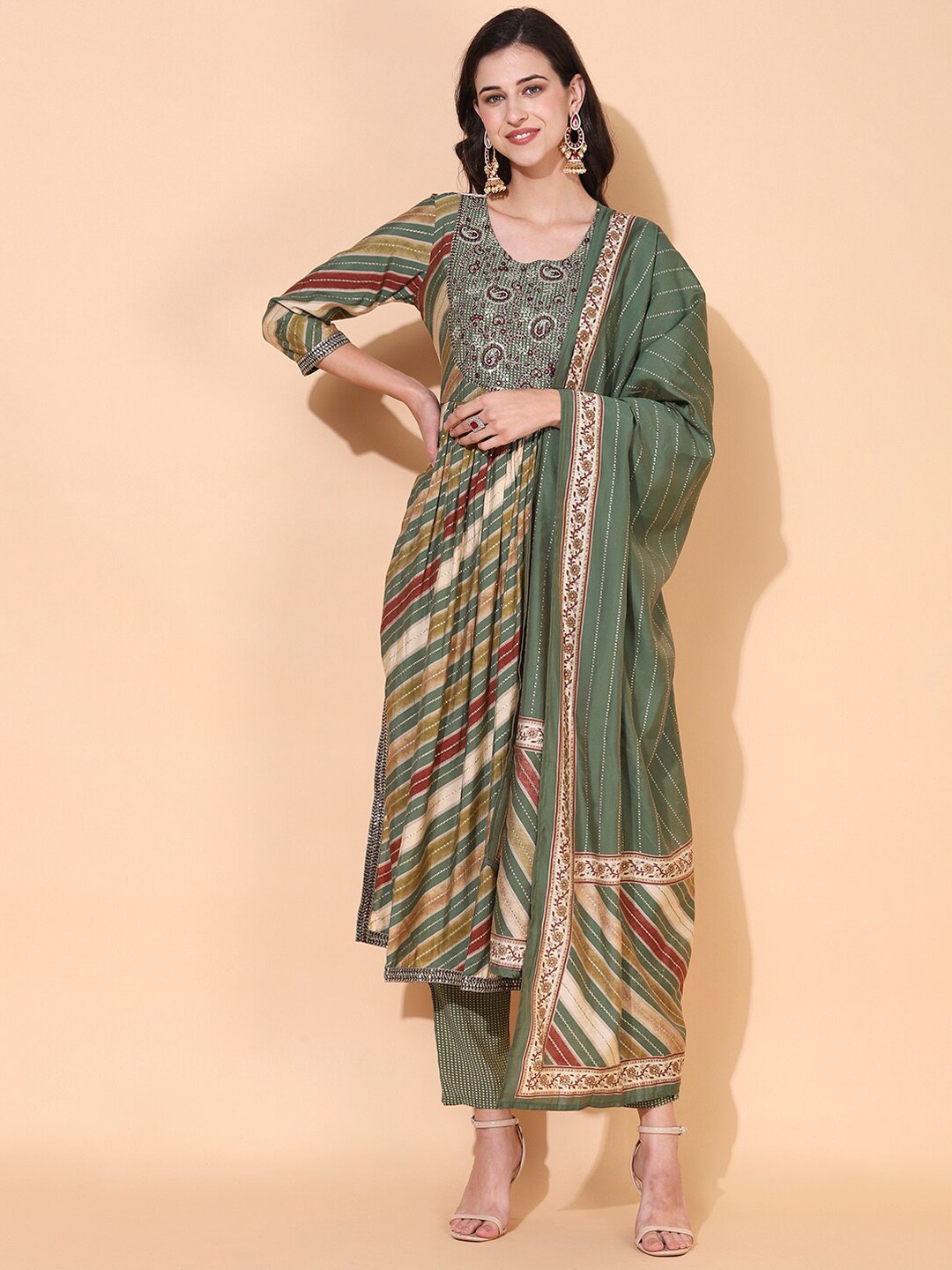 

FASHOR Women Green Ethnic Motifs Printed Pleated Mirror Work Kurta with Trousers & With Dupatta