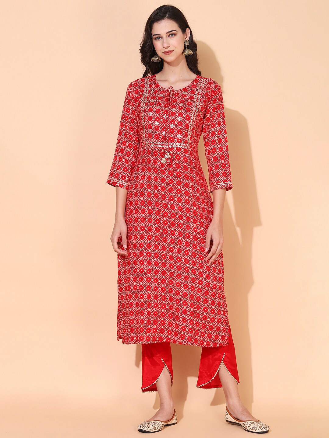 

FASHOR Women Red Bandhani Printed Gotta Patti Kurta with Trousers