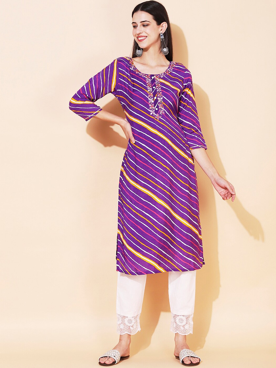 

FASHOR Women Purple Leheriya Printed Mirror Work Straight Fit Silk Kurta