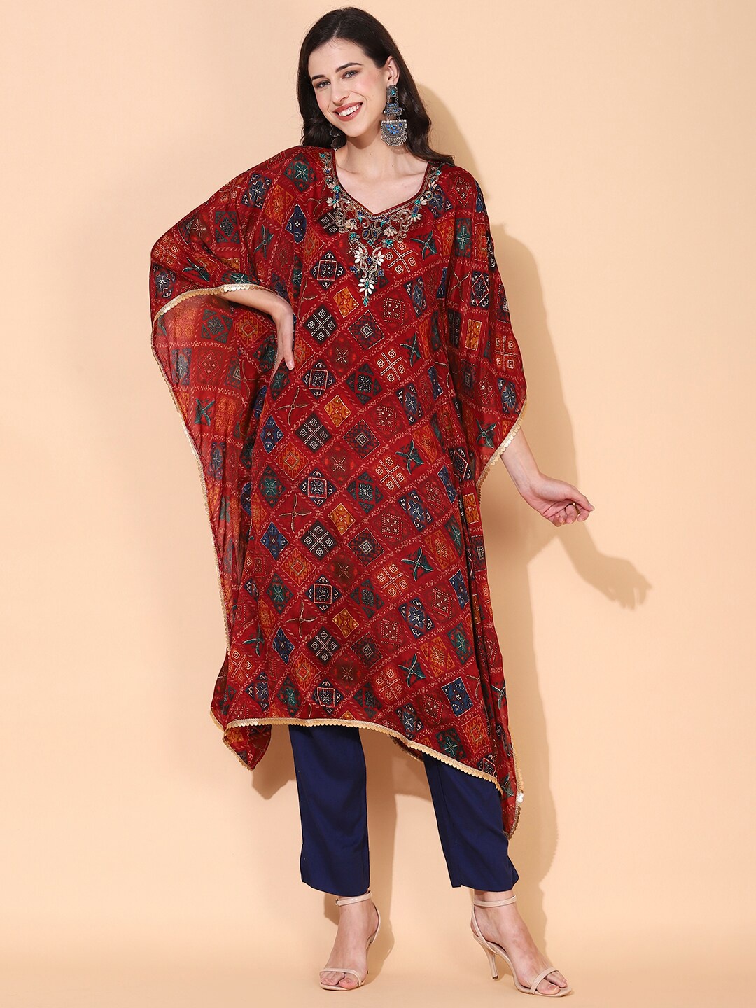 

FASHOR Women Maroon Ethnic Motifs Printed Flared Sleeves Kaftan Kurta