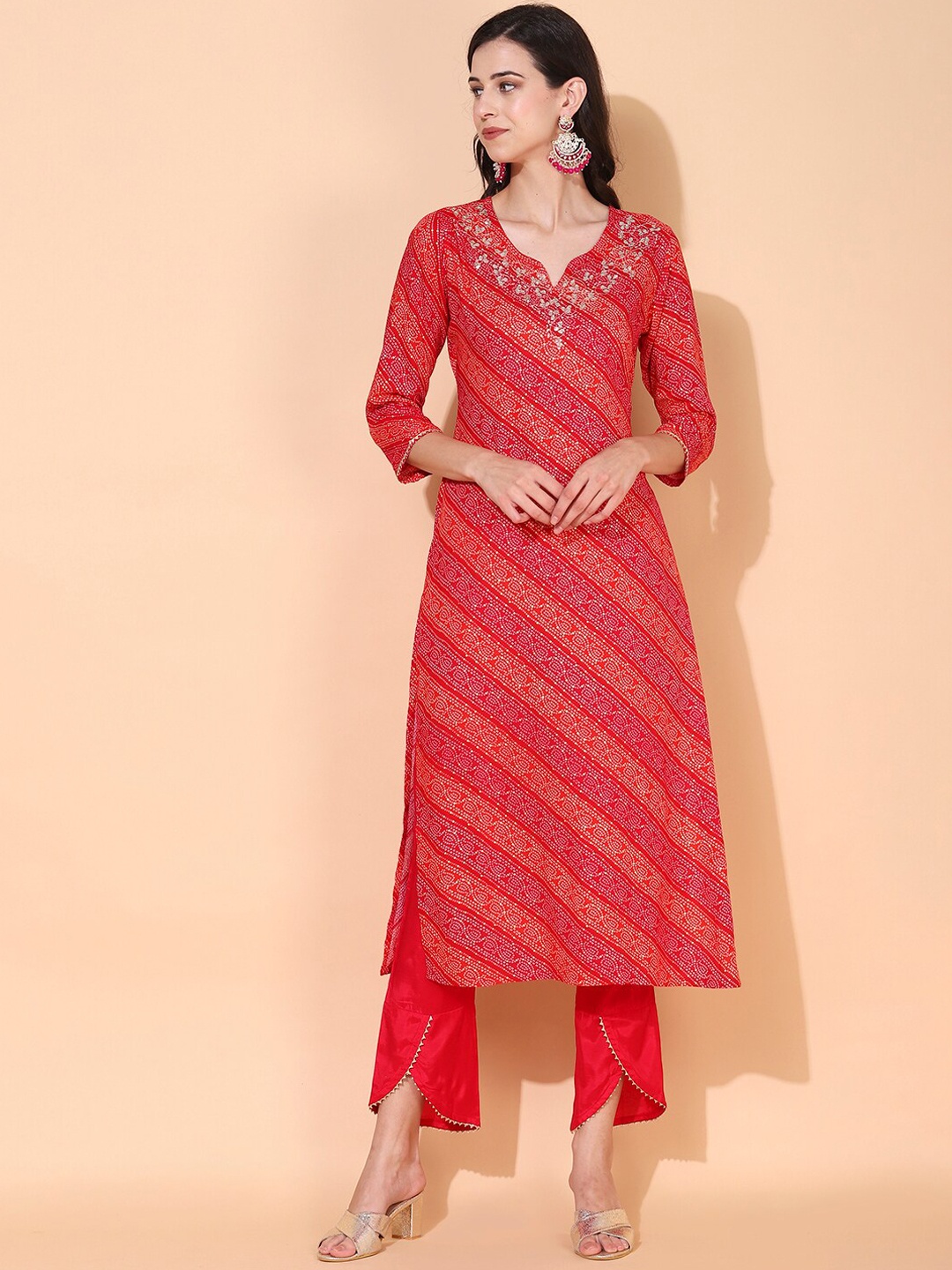 

FASHOR Women Red Bandhani Printed Gotta Patti Kurta with Trousers