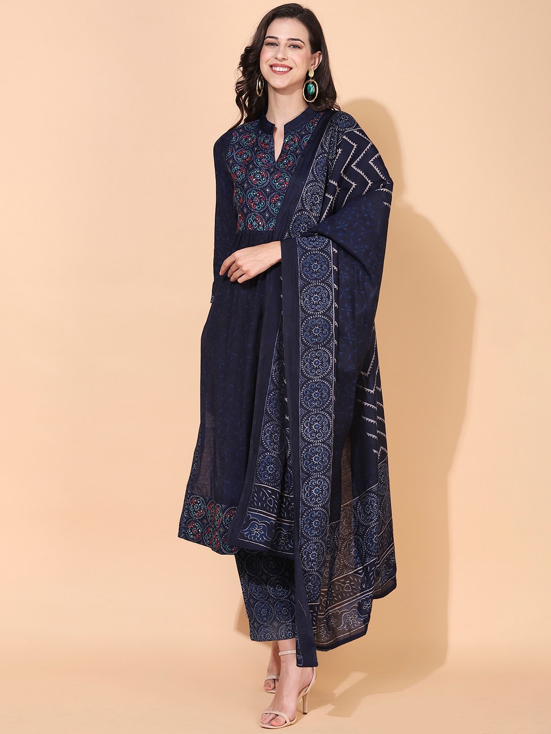 

FASHOR Women Navy Blue Floral Embroidered Mirror Work Kurta with Trousers & With Dupatta