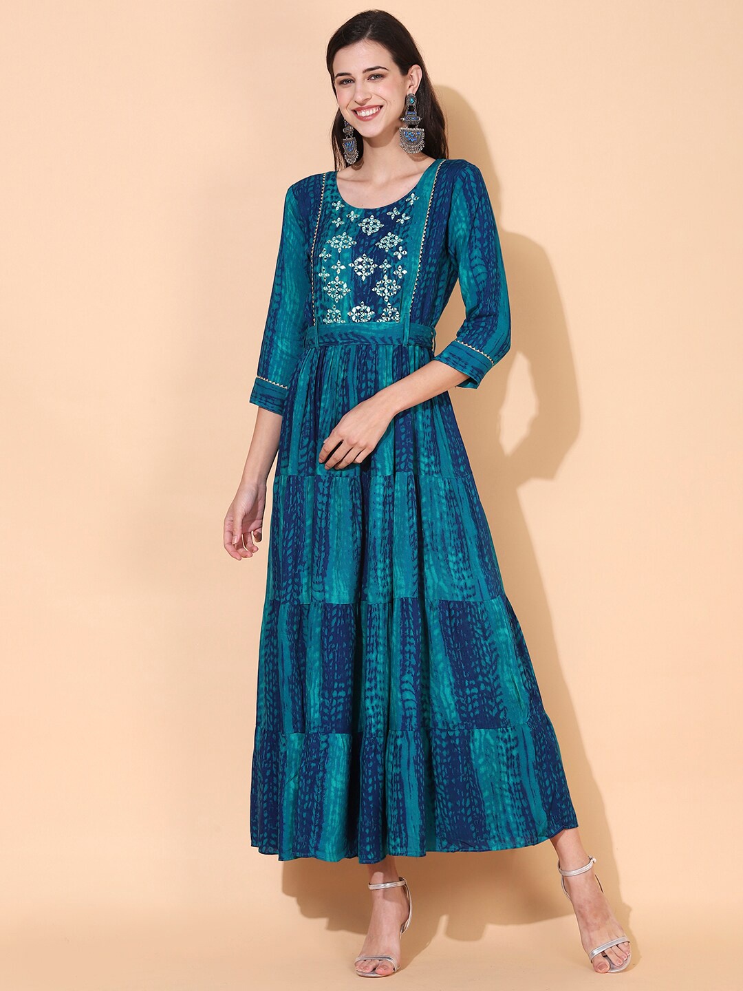 

FASHOR Women Teal Dyed Embroidered Tiered A-Line Maxi Dress