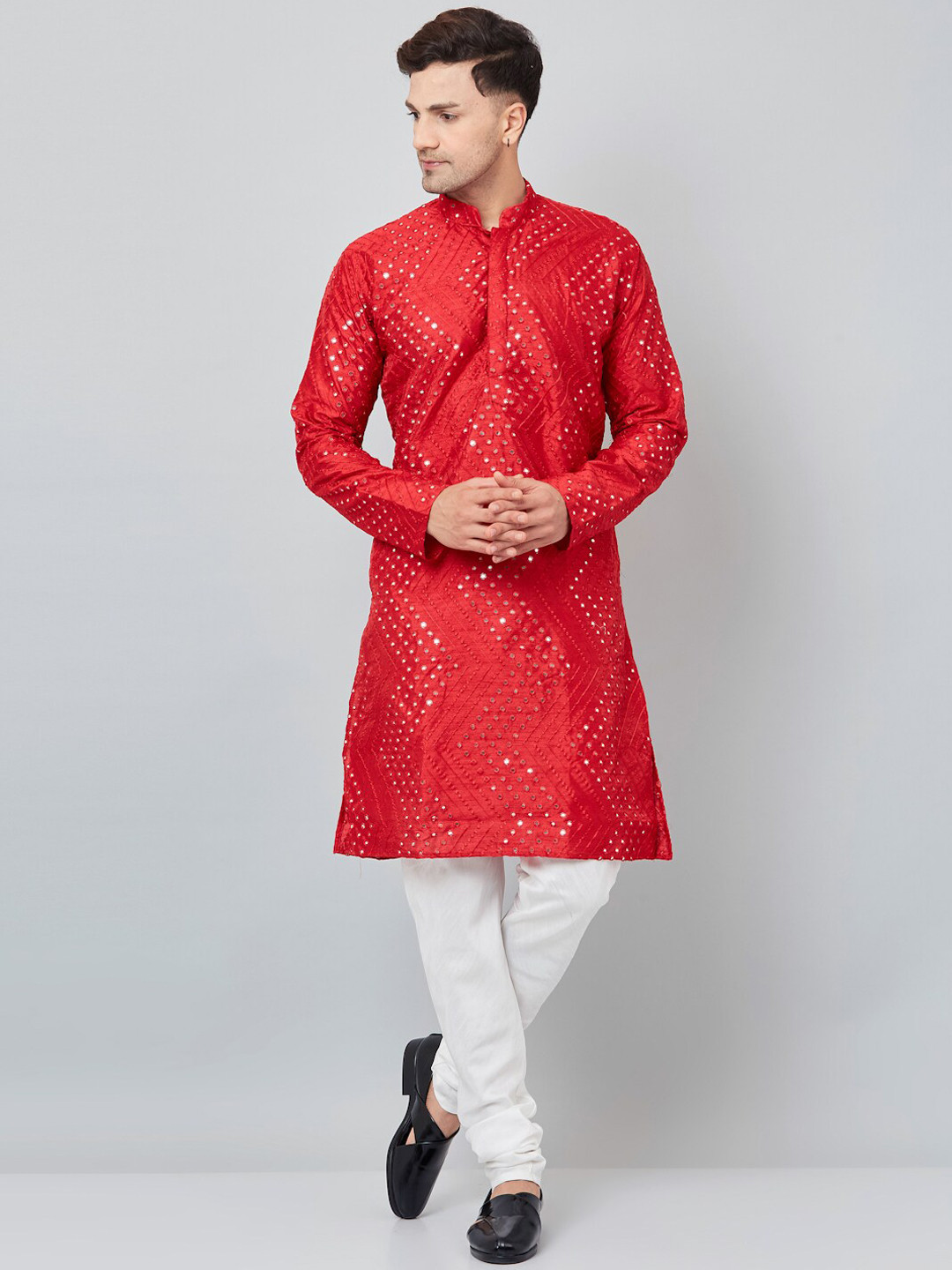 

Armaan Ethnic Men Red Embroidered Mirror Work Dupion Silk Kurta with Churidar