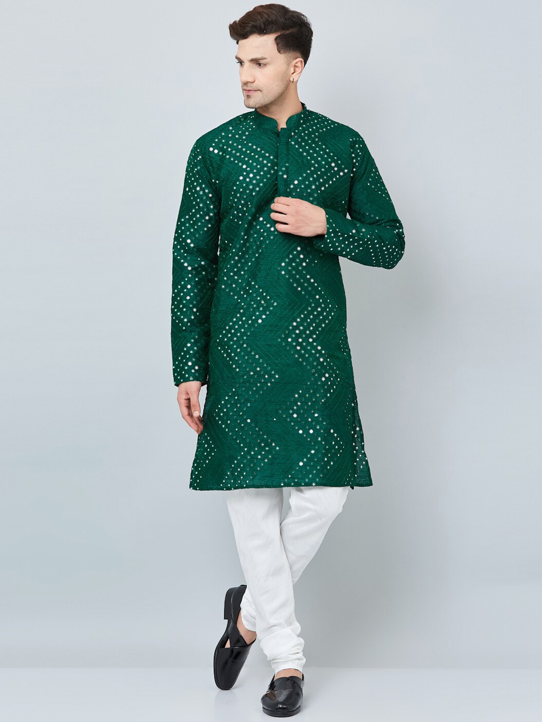 

Armaan Ethnic Men Green Embroidered Mirror Work Dupion Silk Kurta with Churidar