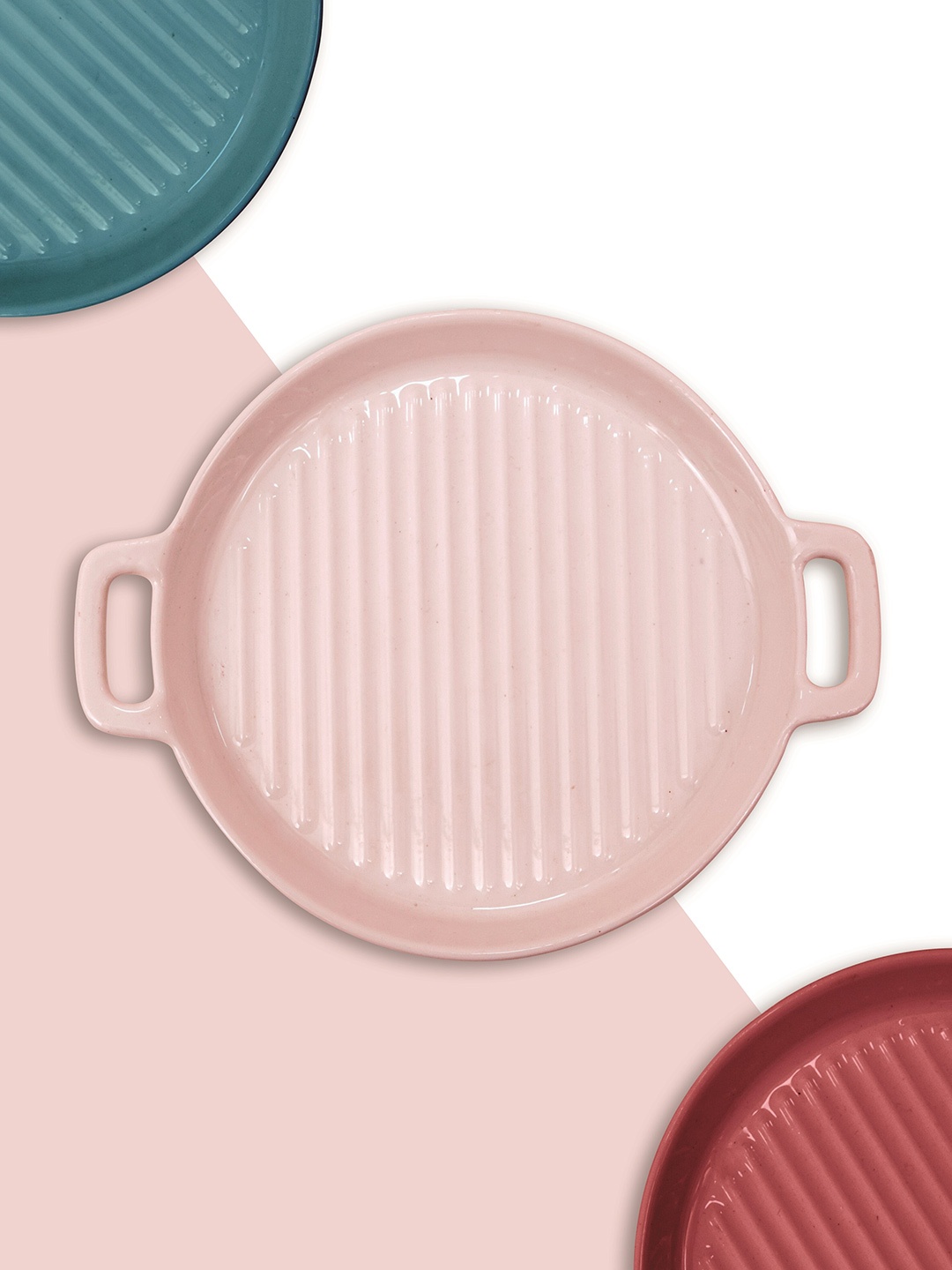 

CLAY CRAFT Pink Geometric Dishwasher & Microwave safe Ceramic Round Grill Plate