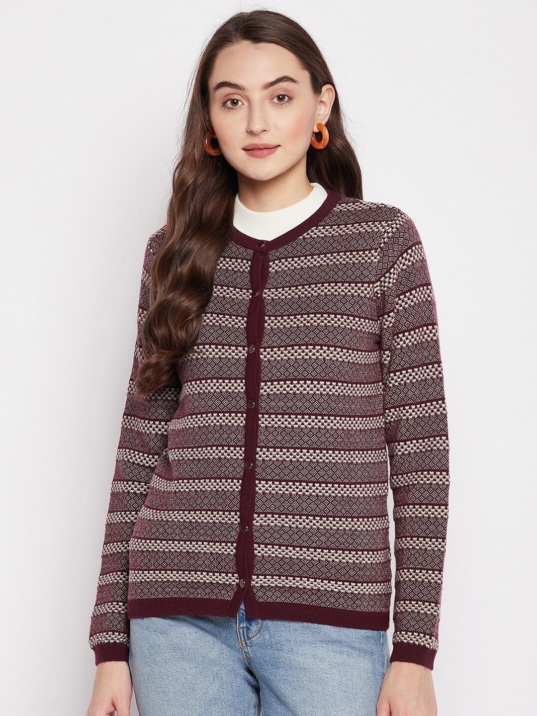 

Madame Women Burgundy & Off White Self Design Wool Cardigan Sweater