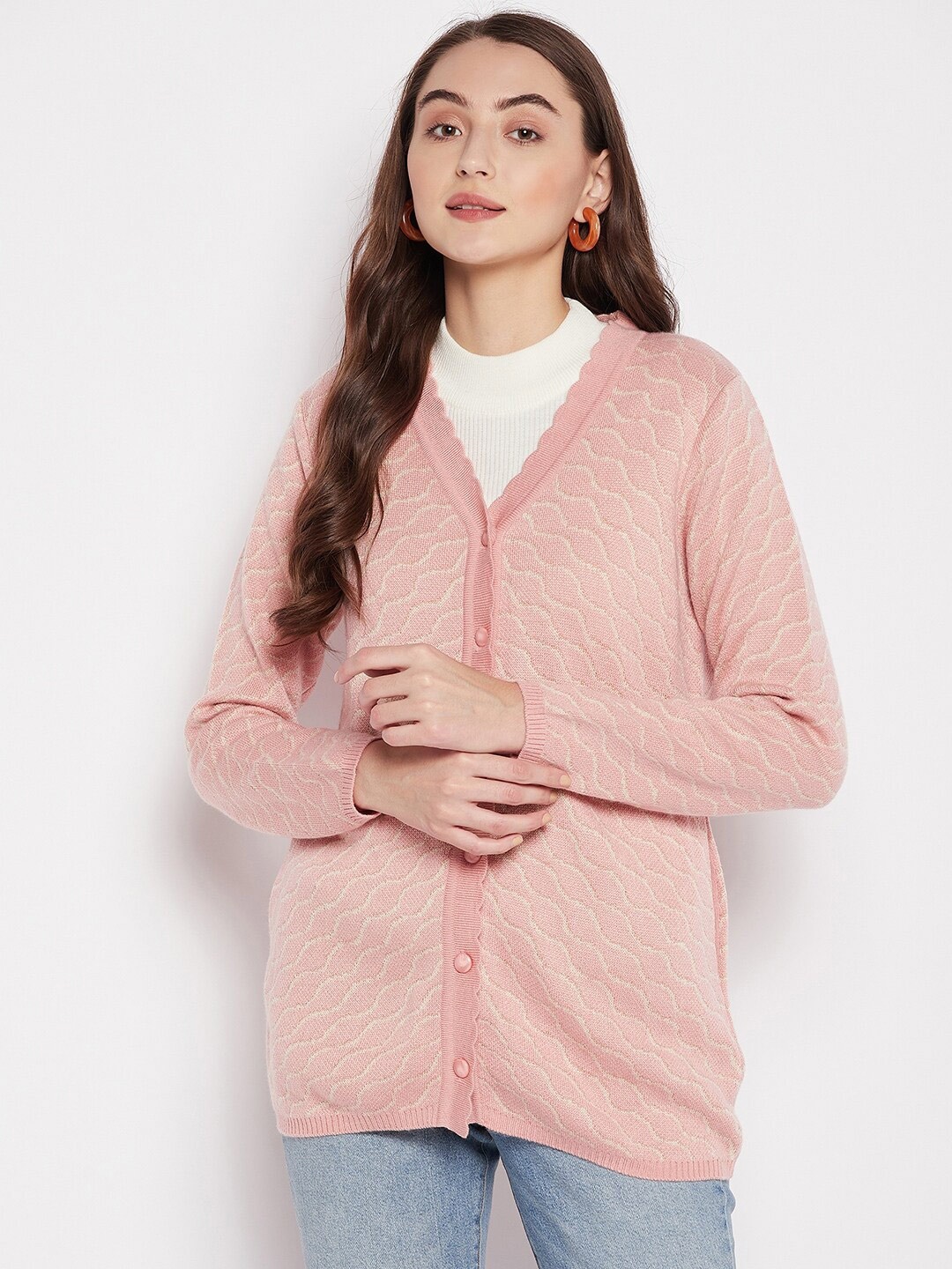 

Madame Women Peach-Coloured Self Design Wool Cardigan Sweater
