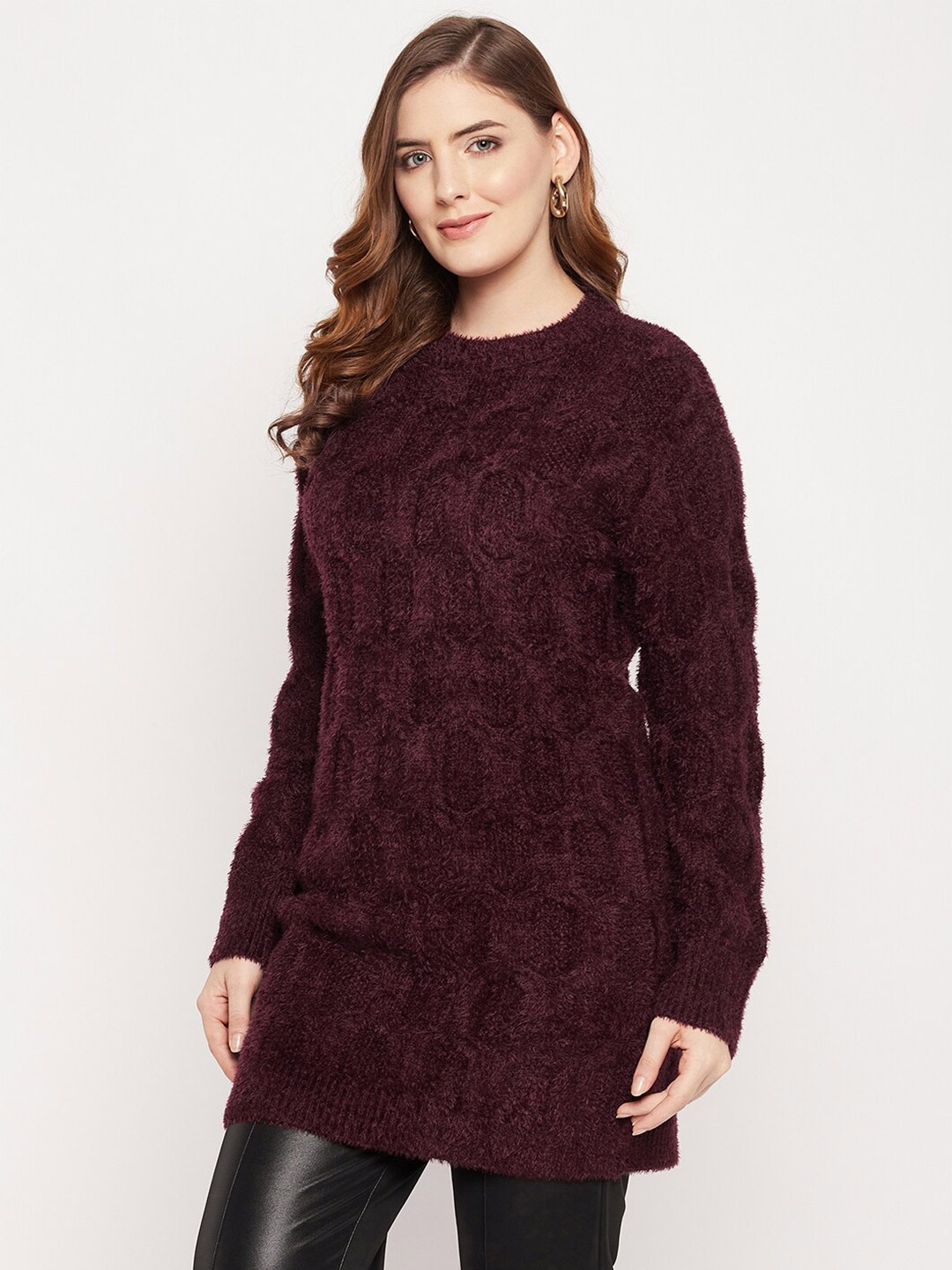 

Madame Women Burgundy Cable Knit Wool Longline Pullover