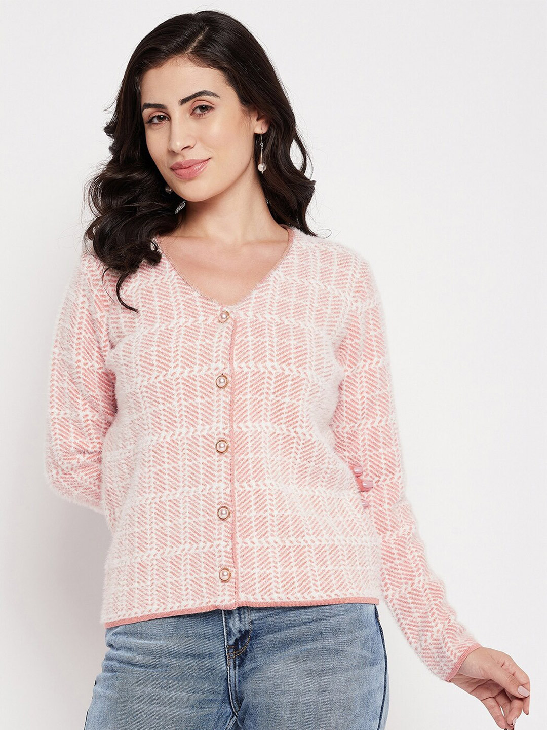 

Madame Women Peach-Coloured & White Self Design Wool Cardigan