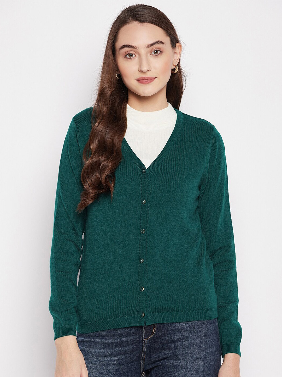 

Madame Women Teal Solid Wool Cardigan