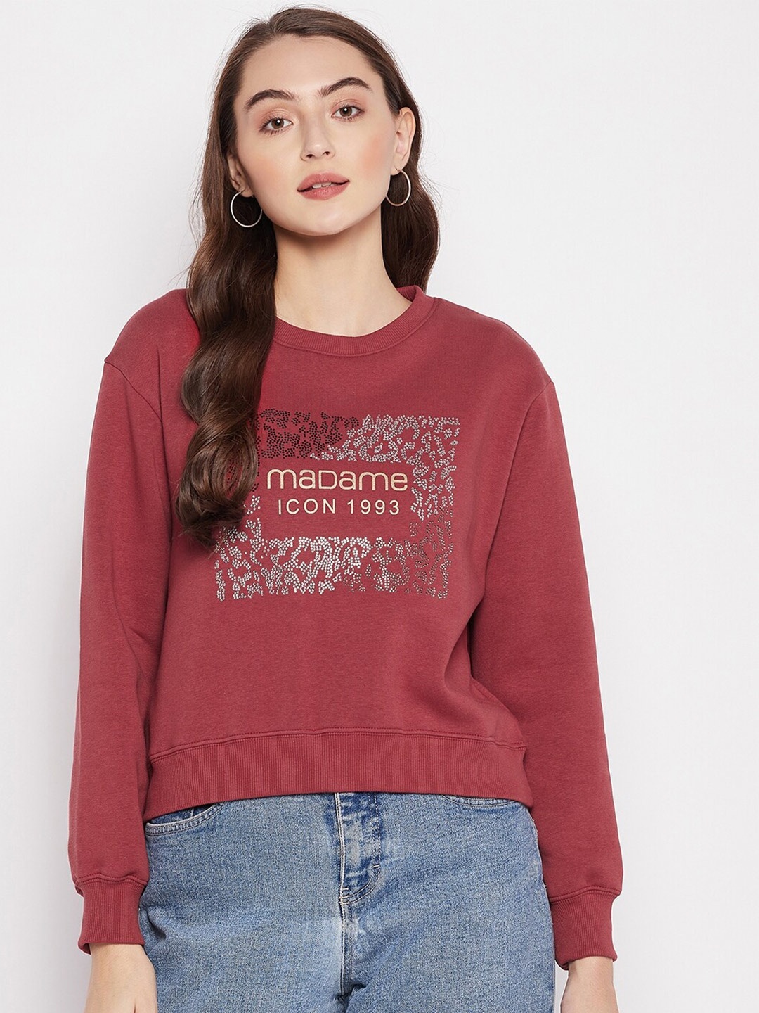 

Madame Women Rust Red Printed Cotton Sweatshirt