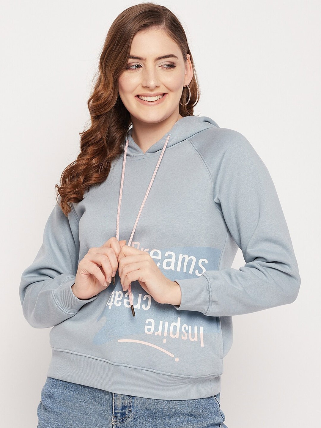 

Madame Women Blue Printed Cotton Hooded Sweatshirt
