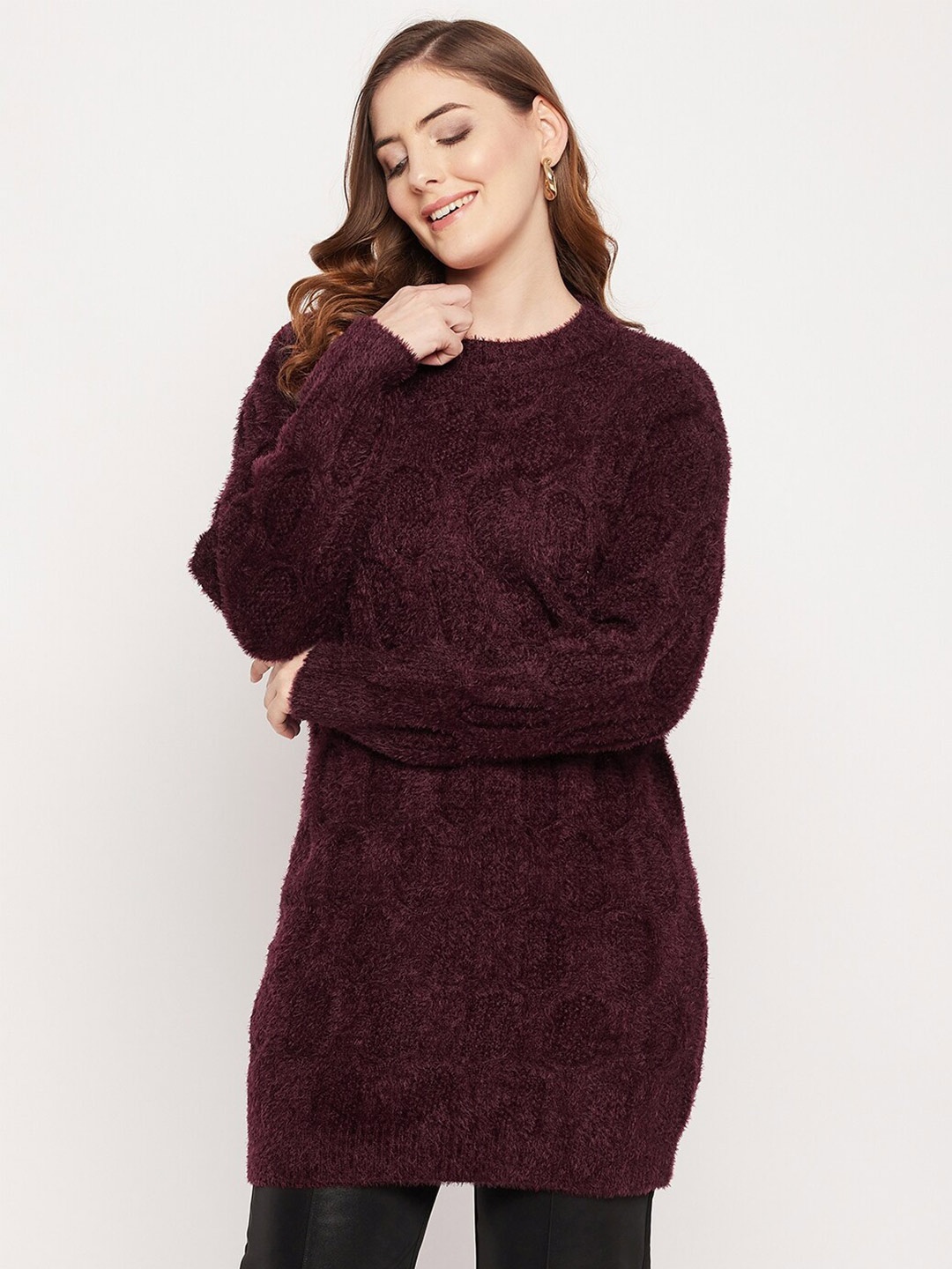 

Madame Women Burgundy Cable Knit Longline Woolen Pullover