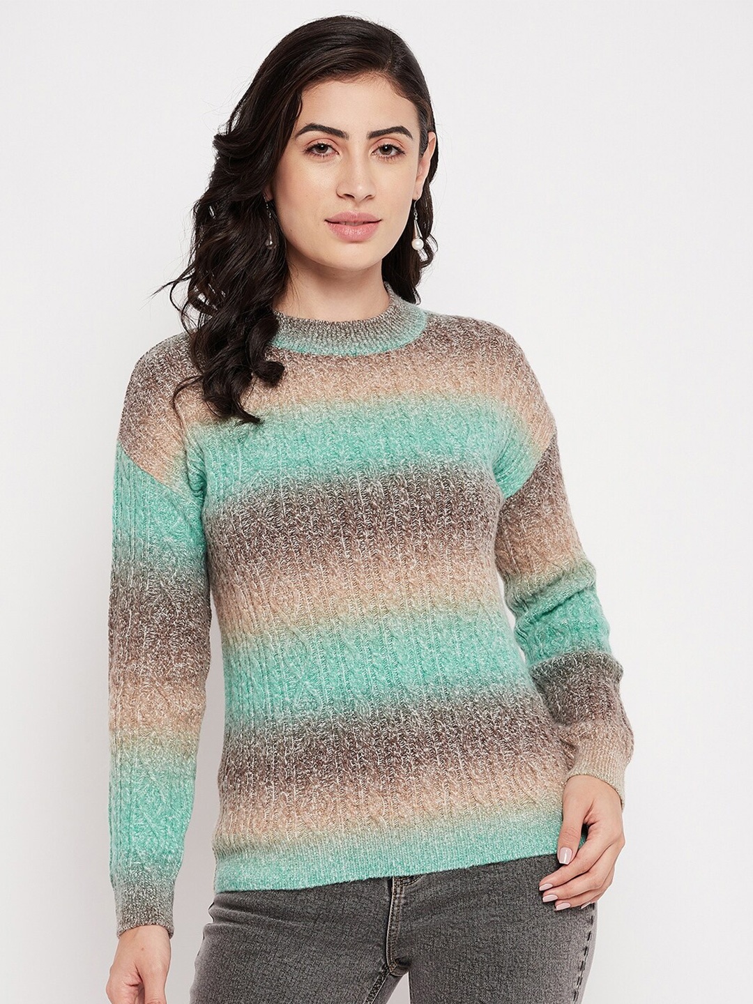 

Madame Women Green & Brown Striped Woolen Pullover