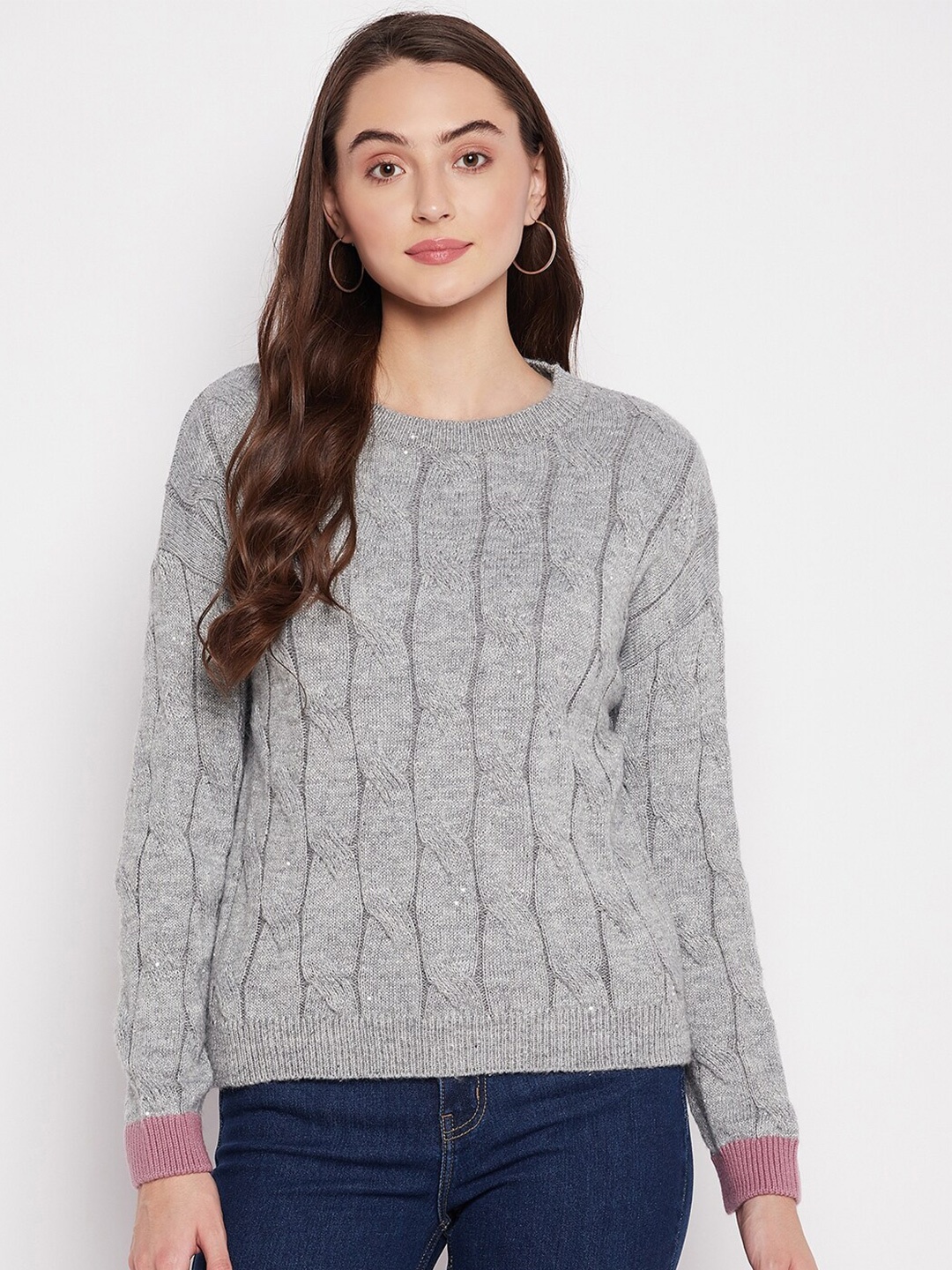 

Madame Women Grey Cable Knit Woolen Pullover