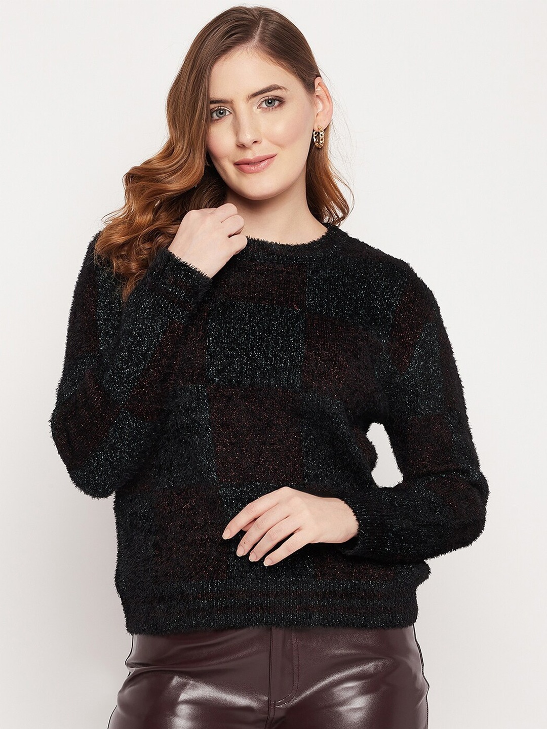 

Madame Women Black & Brown Self Design Woolen Pullover