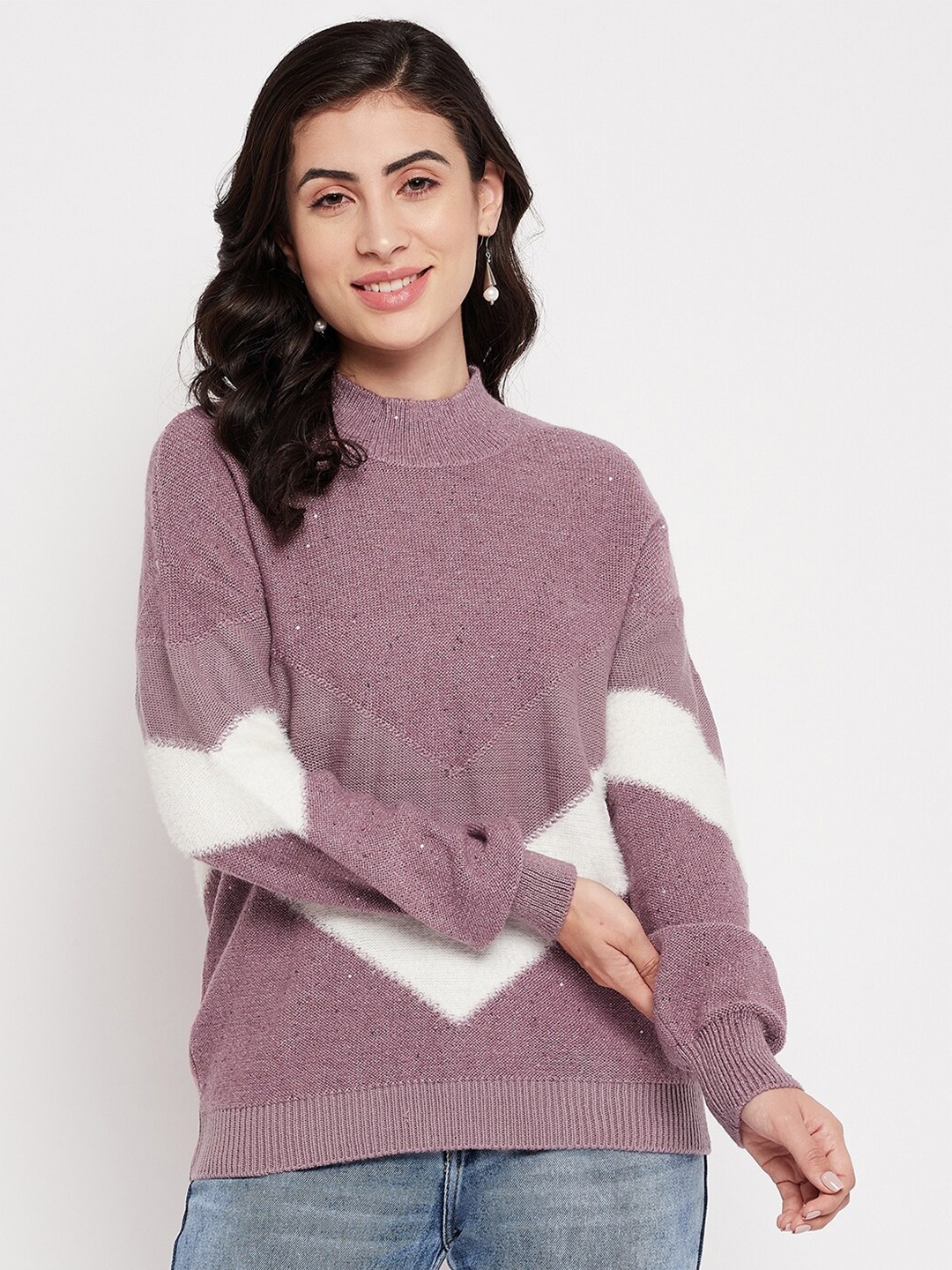 

Madame Women Purple & White Colourblocked Woolen Pullover
