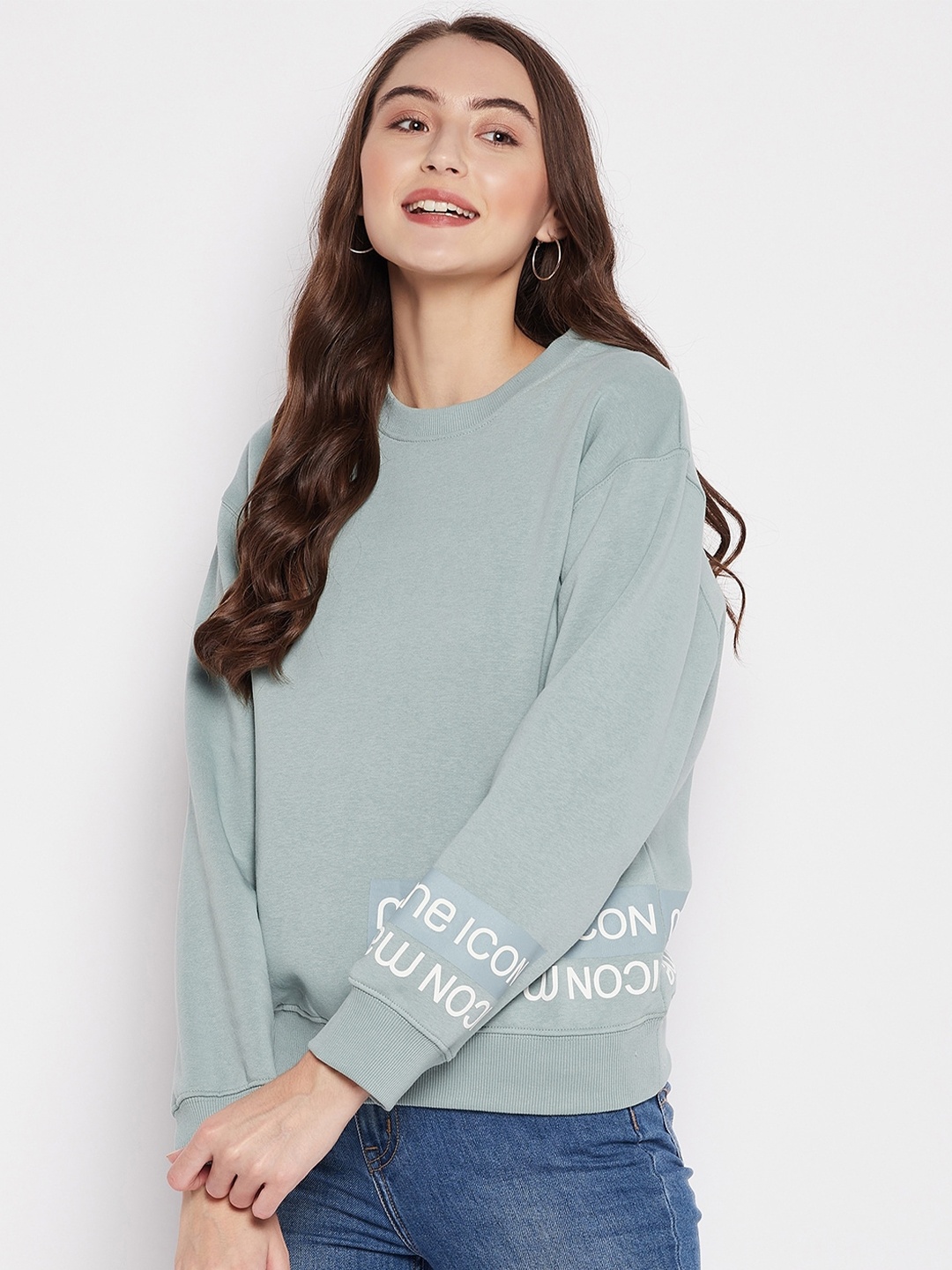 

Madame Women Sea Green Printed Cotton Sweatshirt