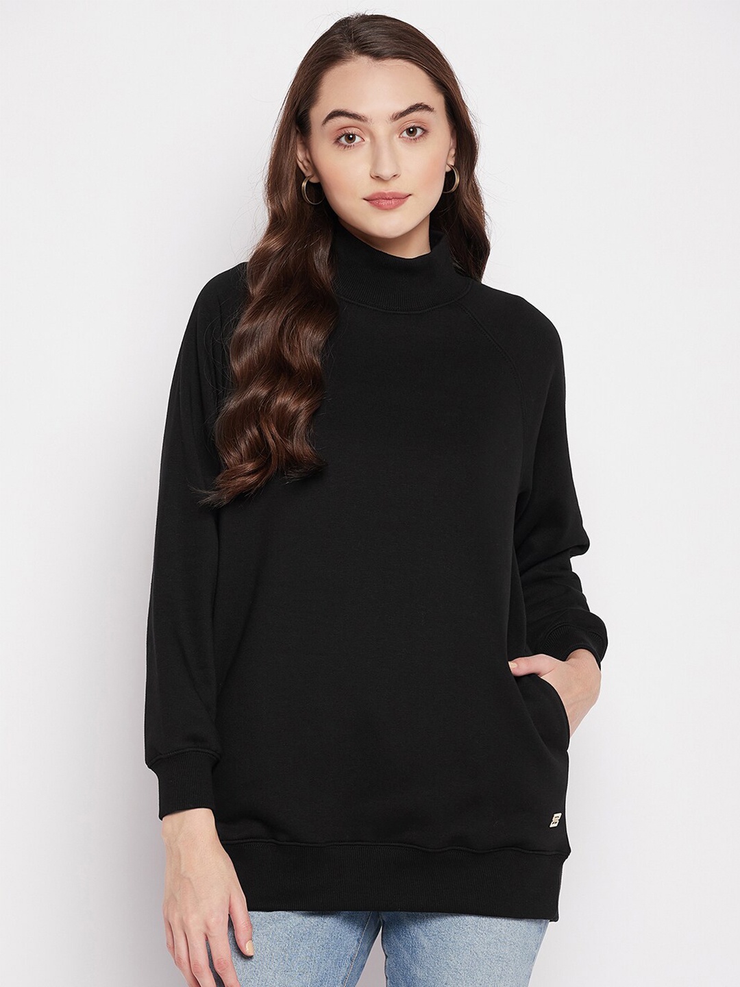 

Madame Women Plus Size Black Solid Longline Sweatshirt