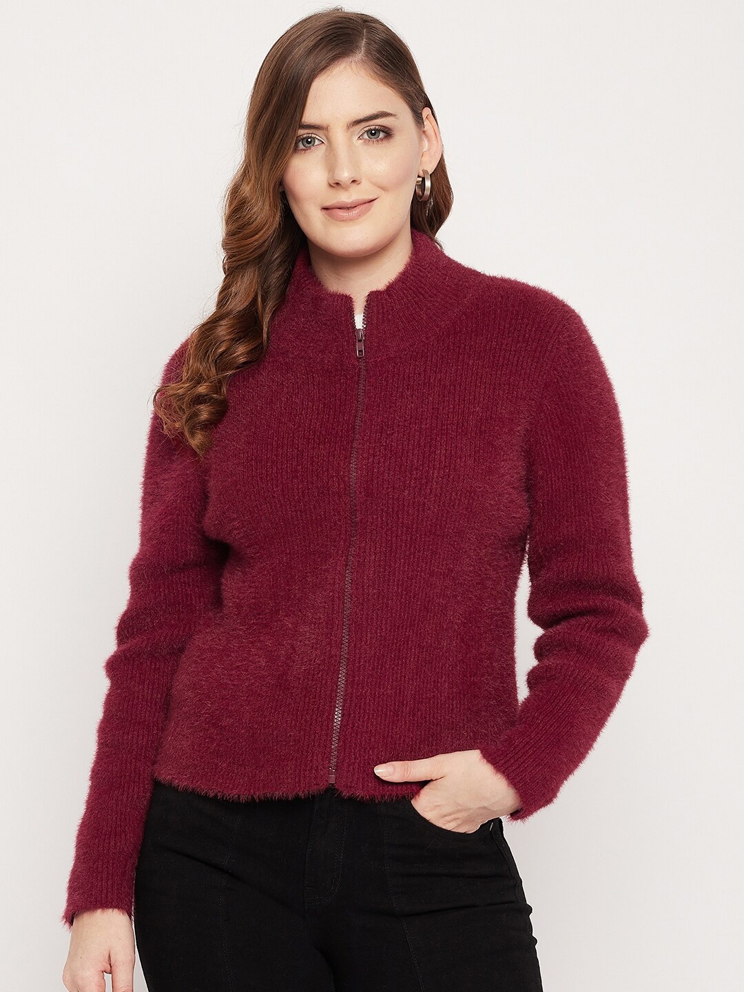 

Madame Women Maroon Solid Woolen Cardigan