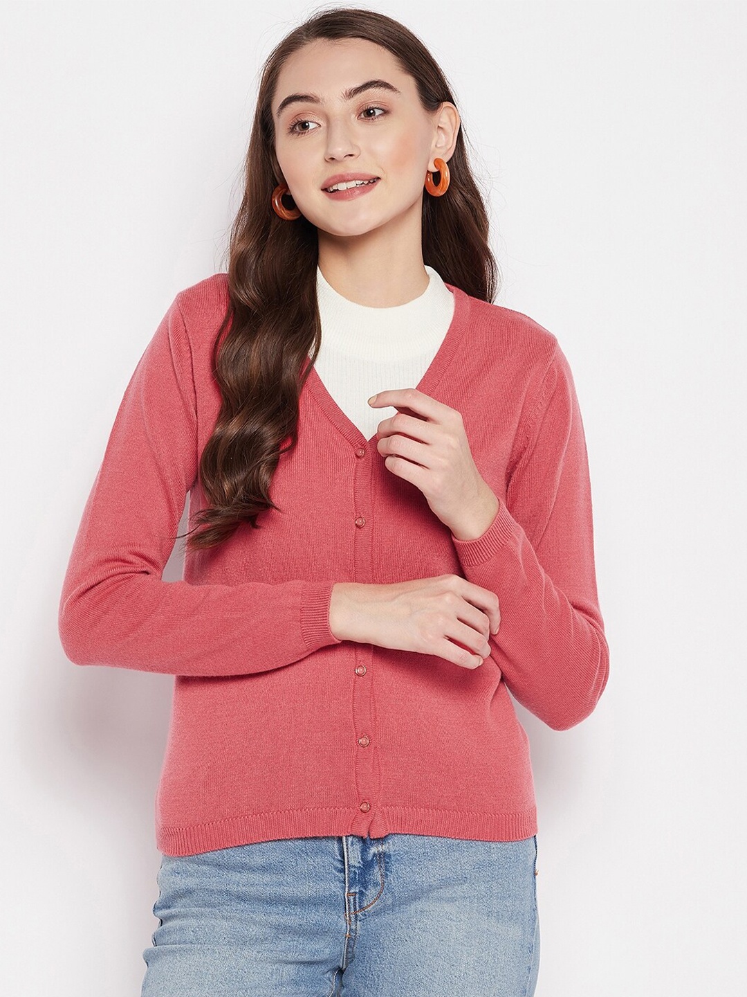 

Madame Women Coral Solid Woolen Cardigan