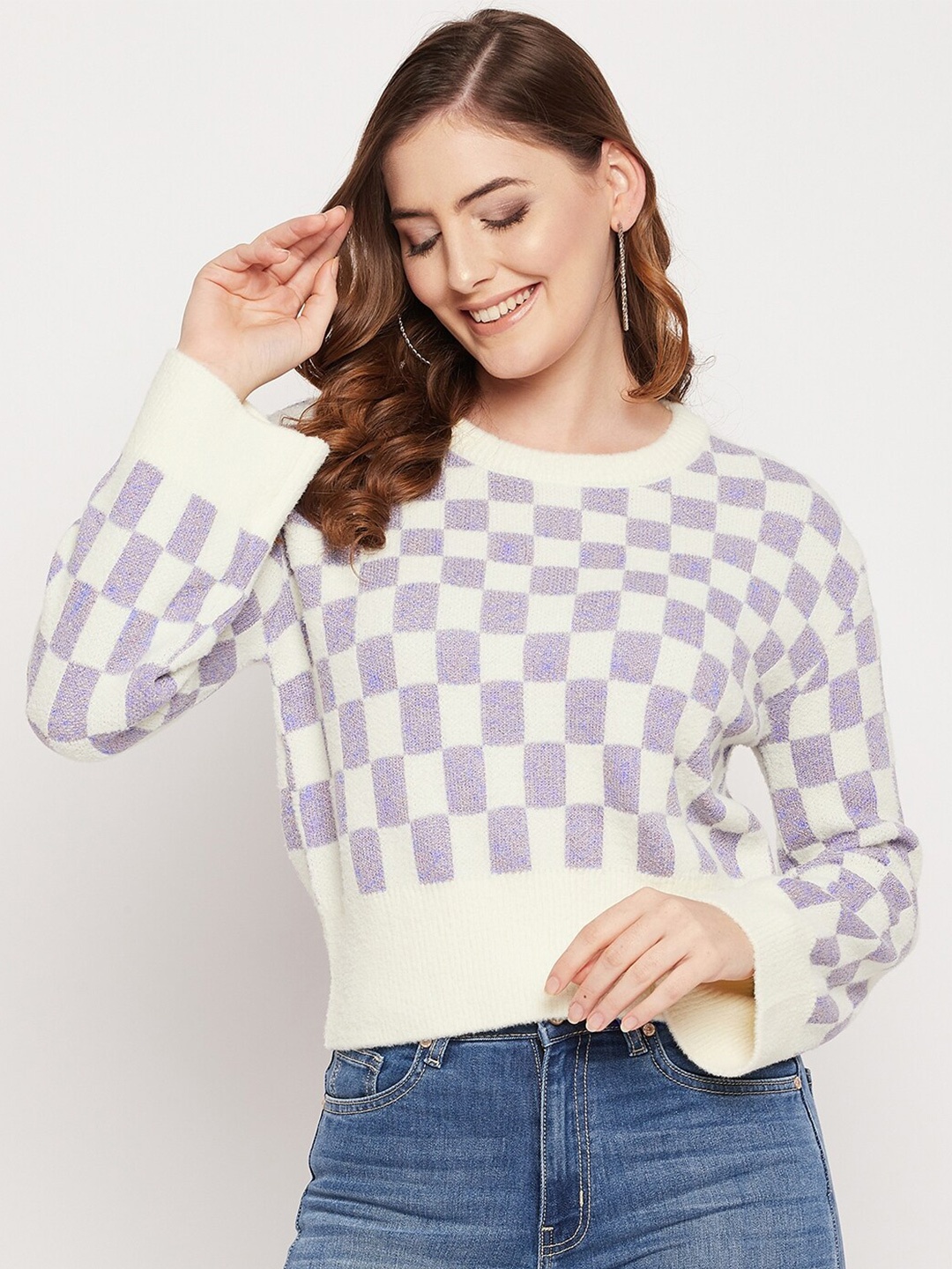 

Madame Women Off White & Violet Checked Woolen Crop Pullover