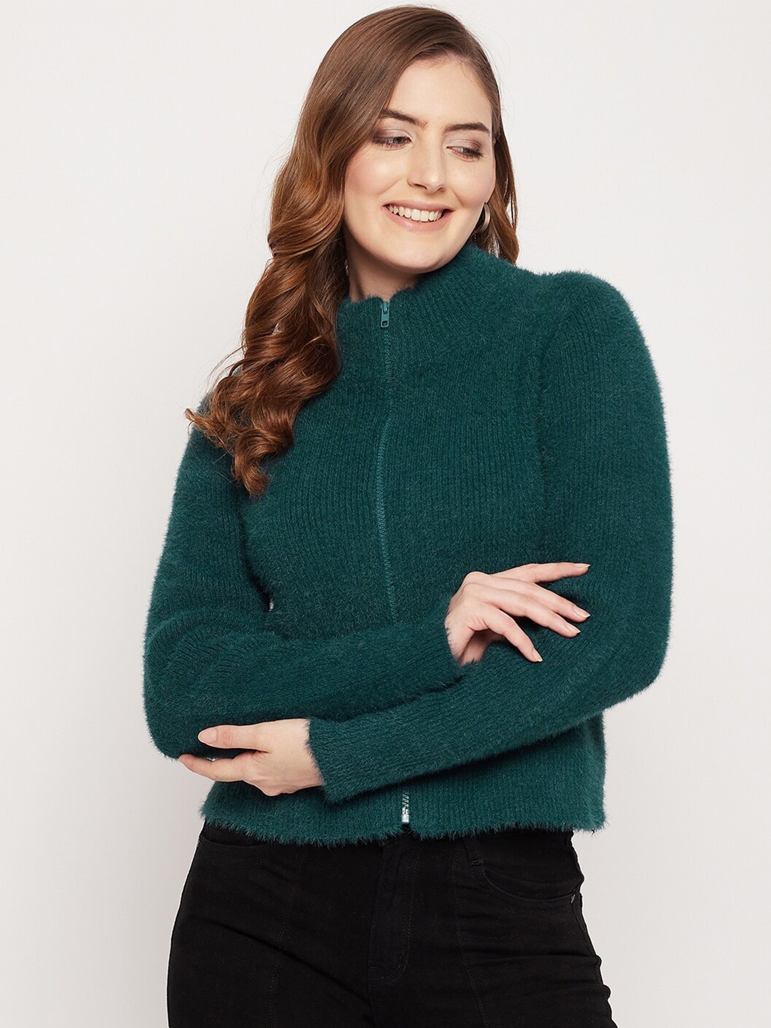 

Madame Women Green Solid Woolen Cardigan