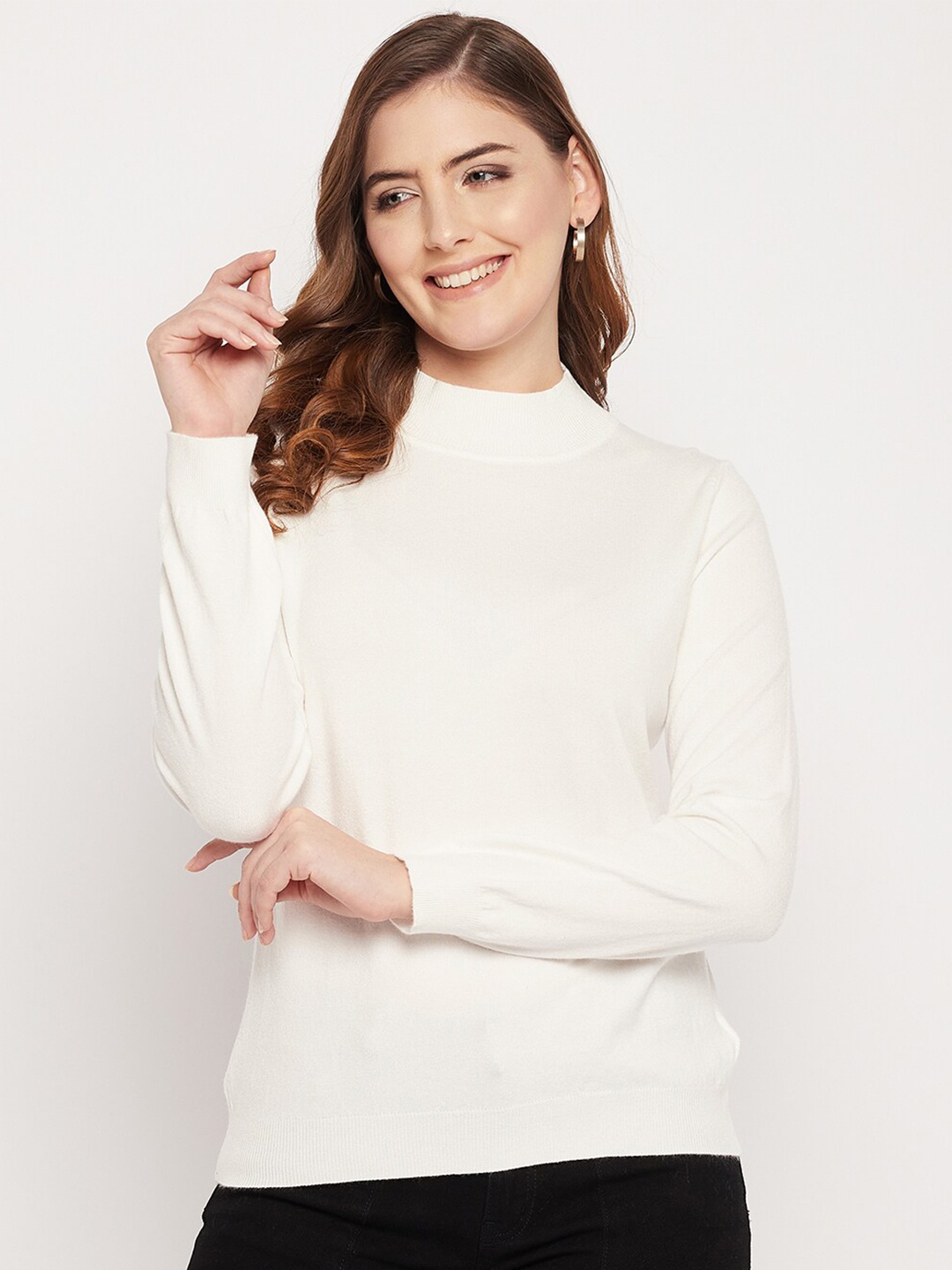 

Madame Women Off White Solid Woolen Pullover