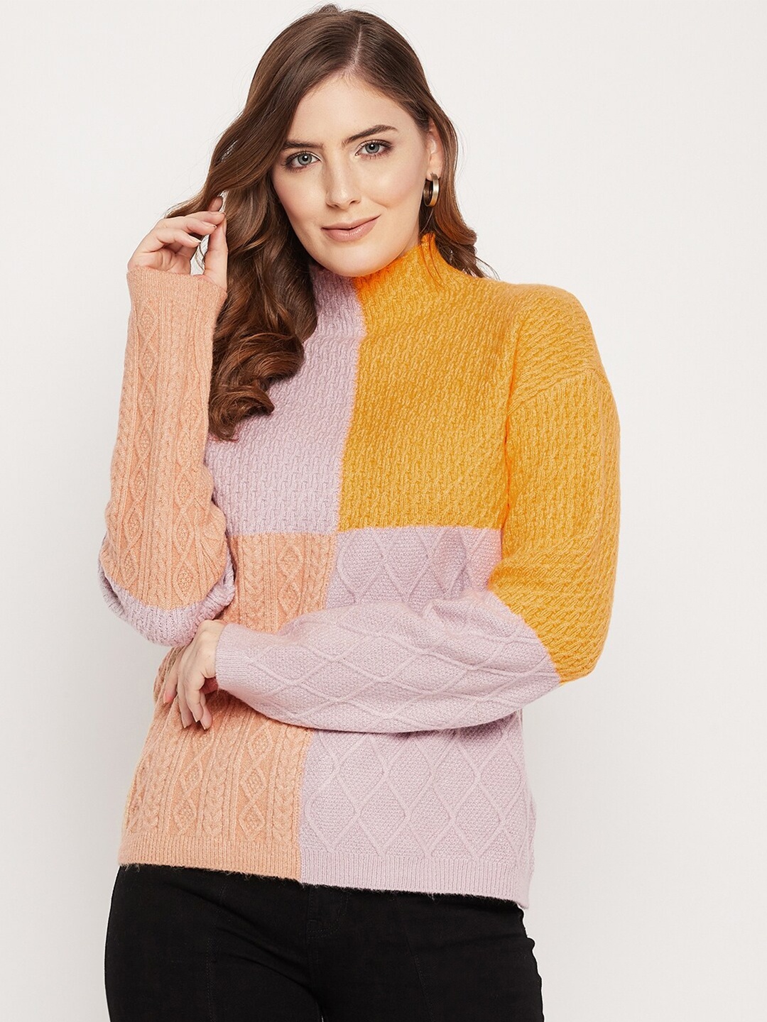 

Madame Women Purple & Mustard Colourblocked Woolen Pullover