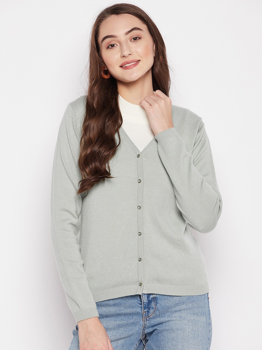 

Madame Women Green Solid Woolen Cardigan