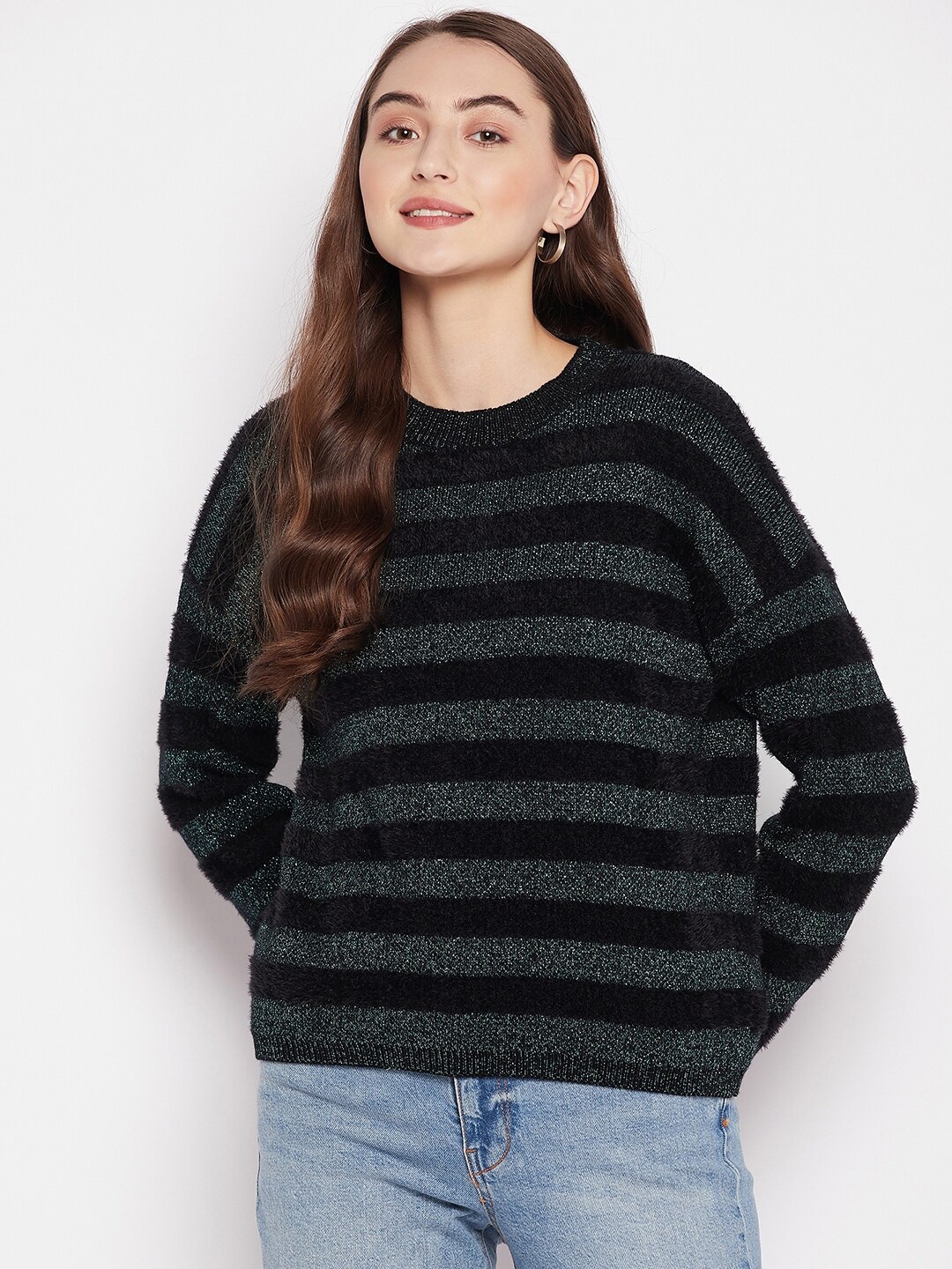 

Madame Women Black & Gunmetal-Toned Striped Woolen Pullover