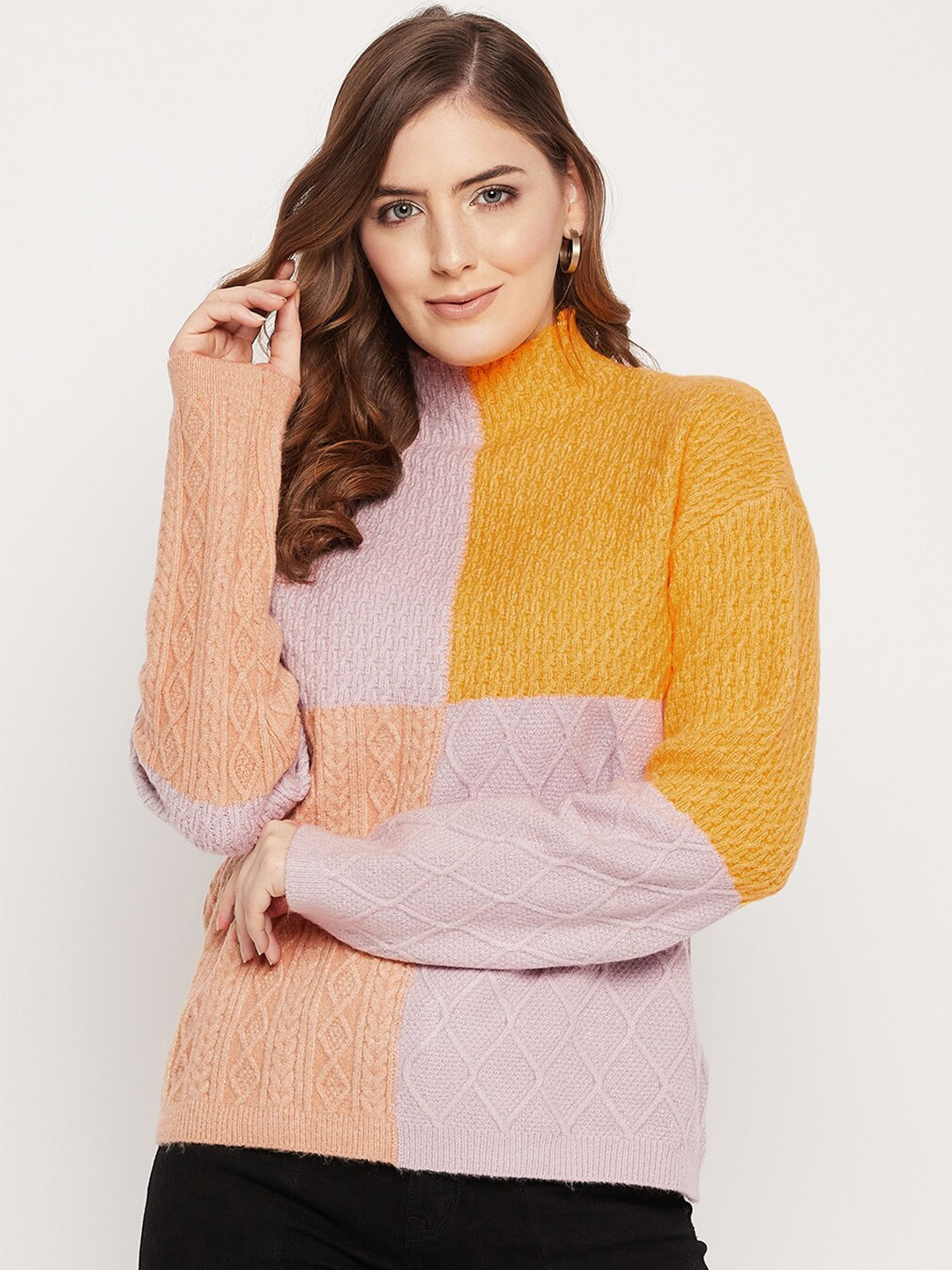 

Madame Women Purple & Mustard Yellow Colourblocked Woolen Pullover