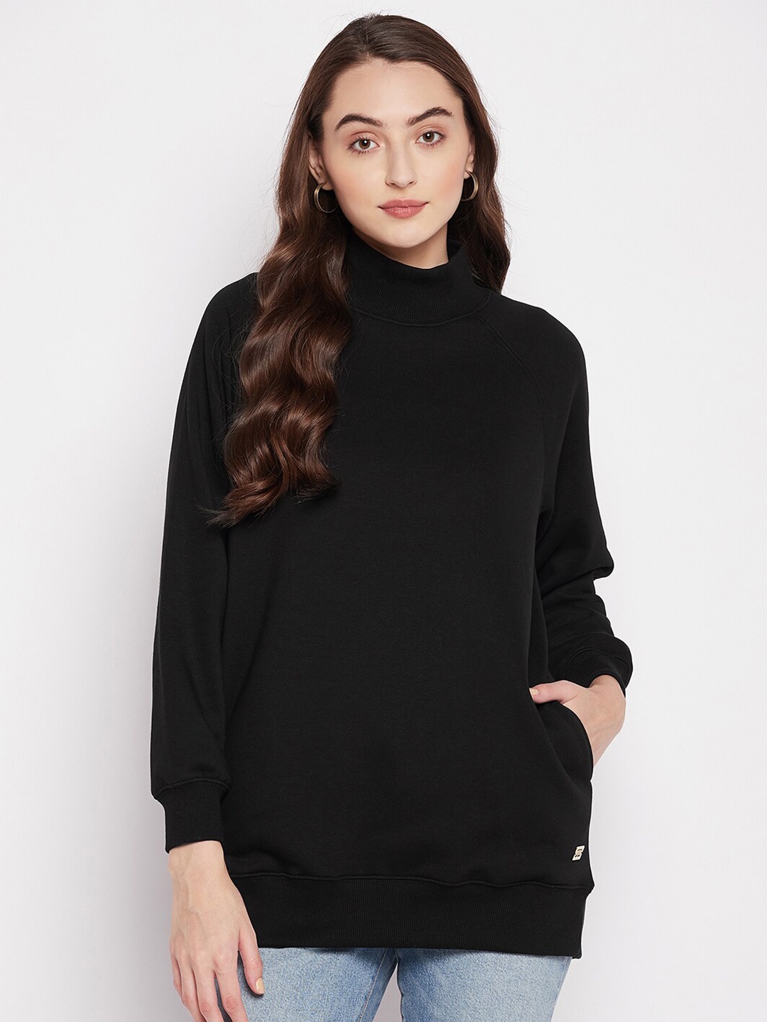 

Madame Women Black Solid Longline Sweatshirt