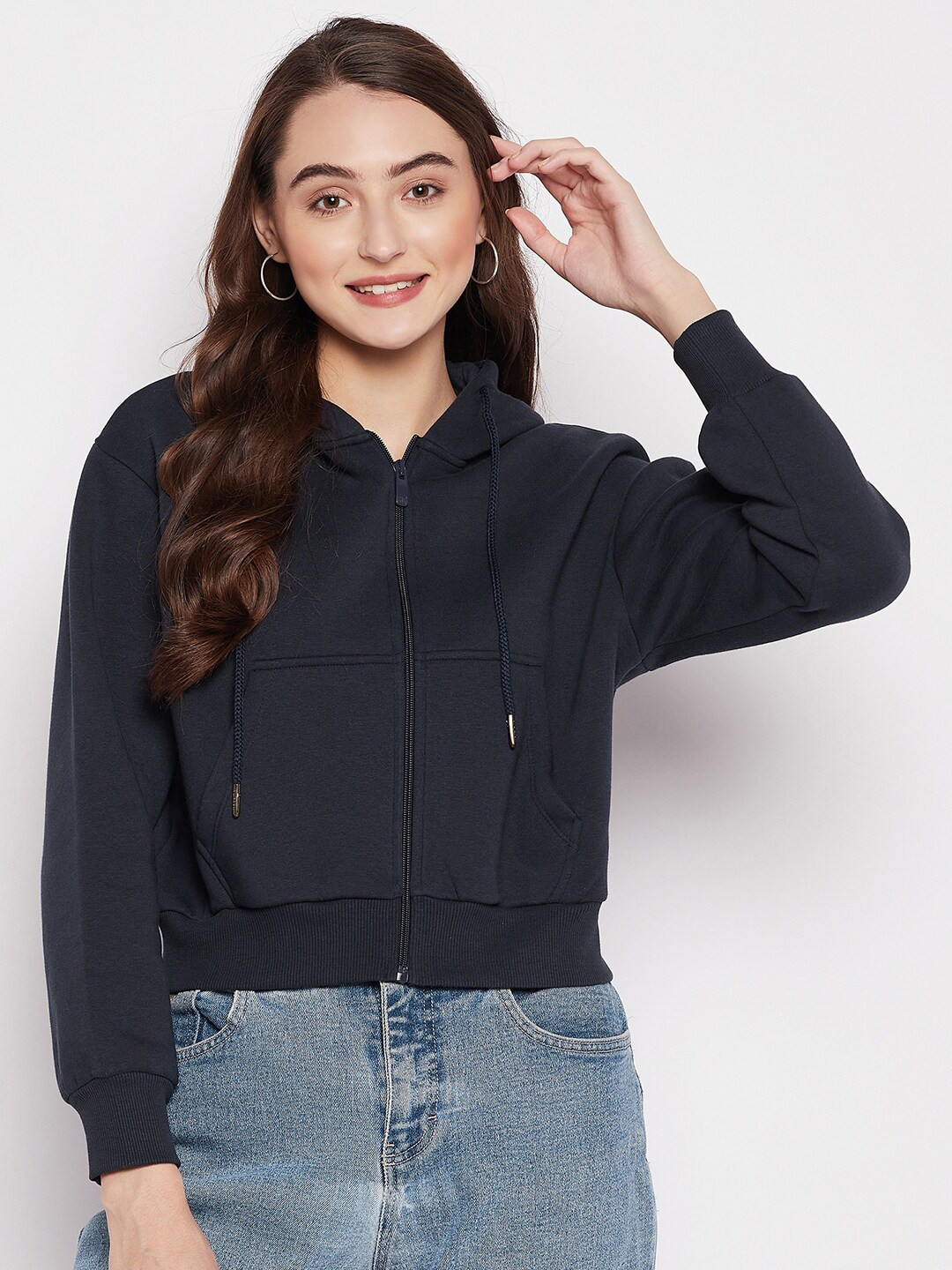 

Madame Women Plus Size Navy Blue Solid Hooded Sweatshirt