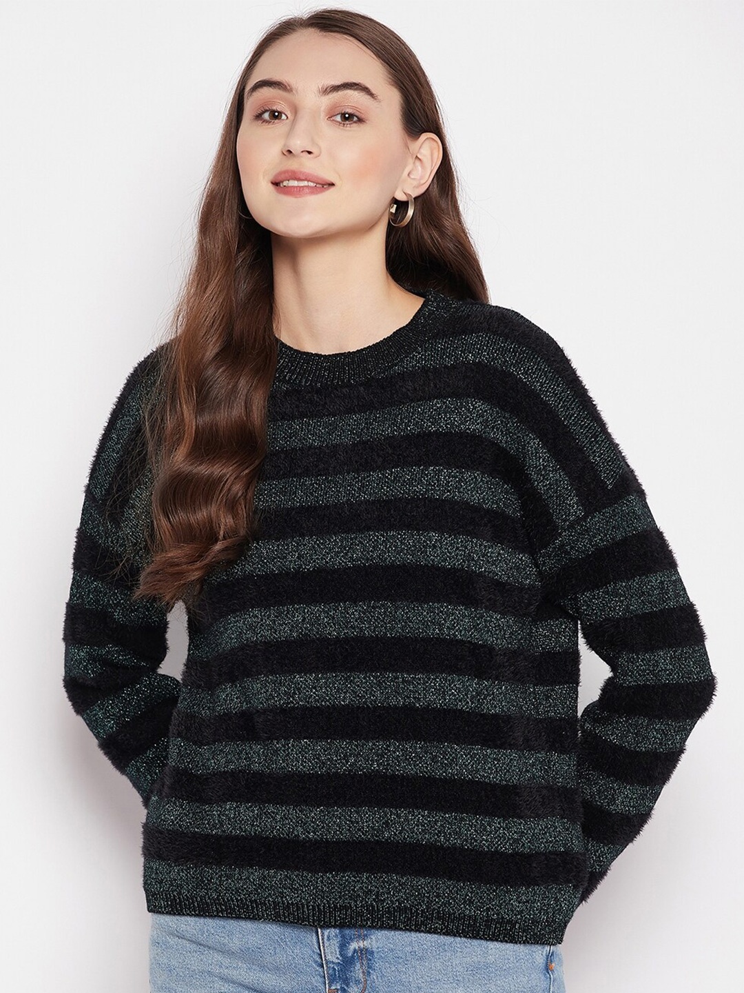 

Madame Women Black & Gunmetal-Toned Striped Woolen Pullover