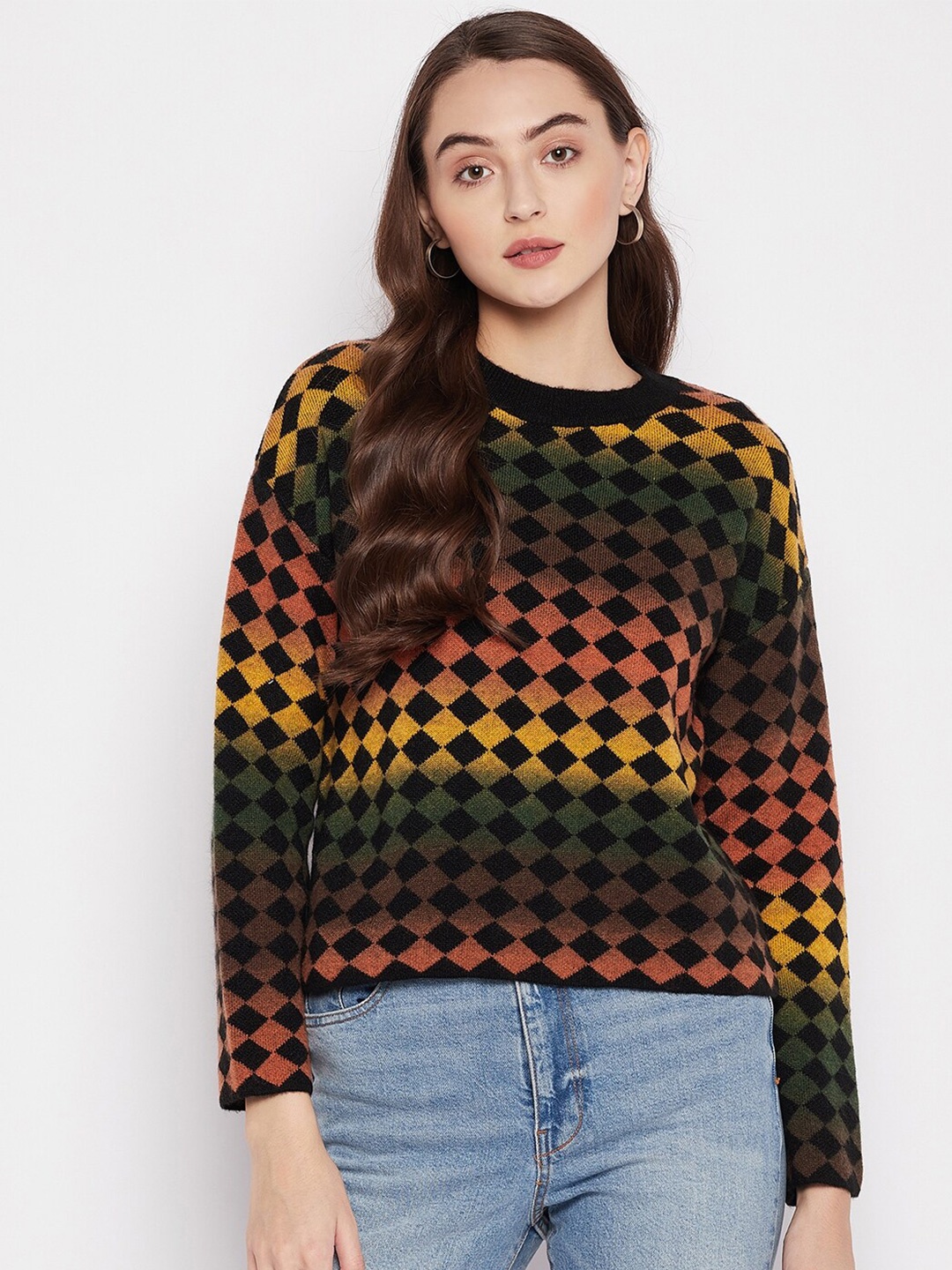 

Madame Women Black & Mustard Yellow Checked Woolen Pullover