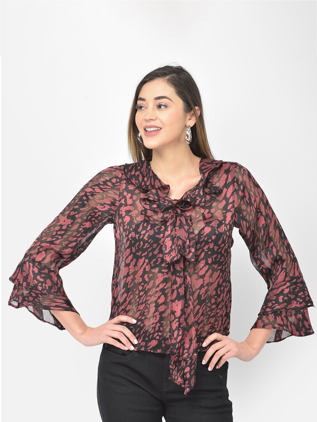 

Latin Quarters Maroon & Black Printed Tie-Up Neck Top