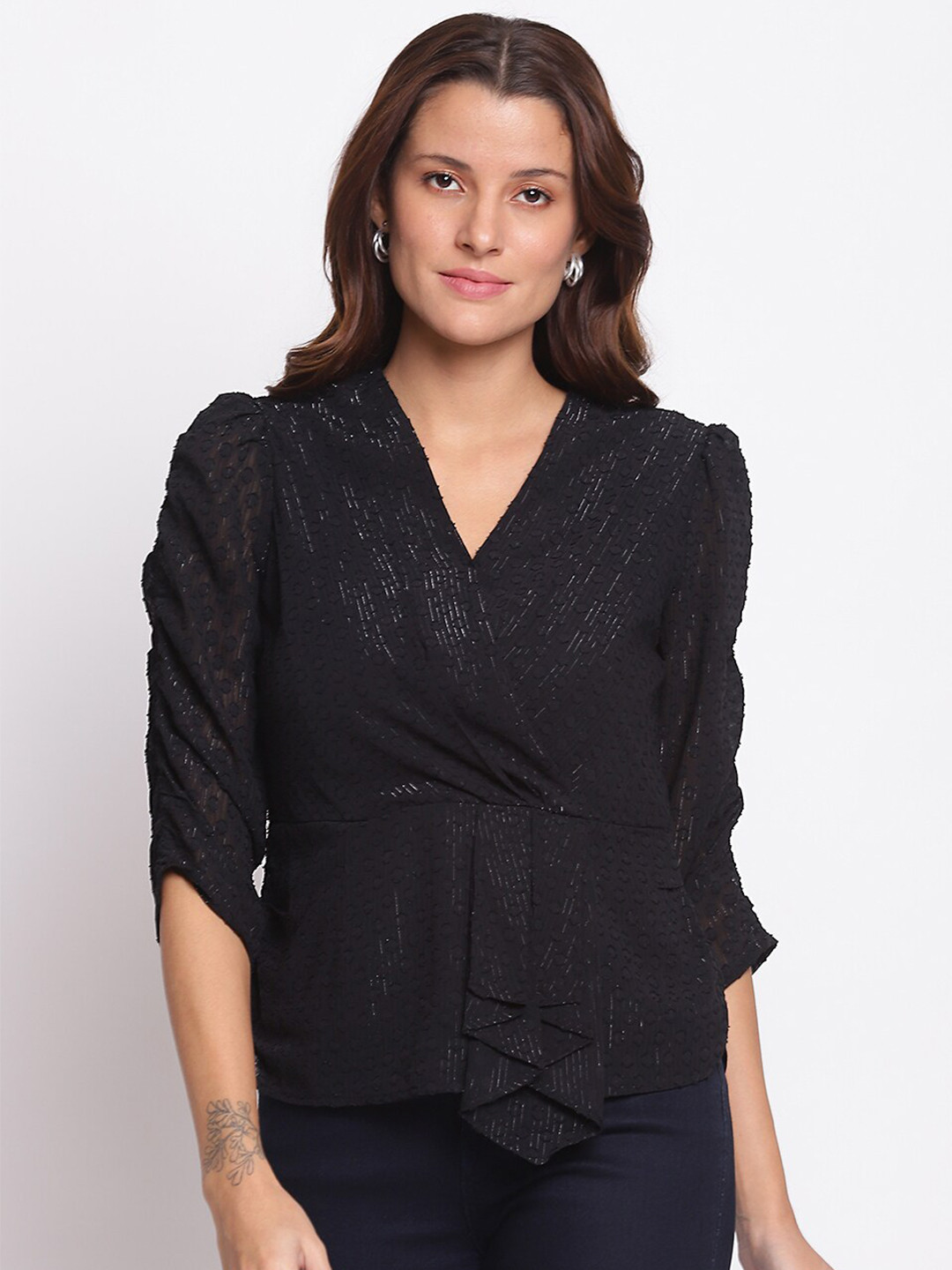 

Latin Quarters Black Self Design Dobby Wrap Top