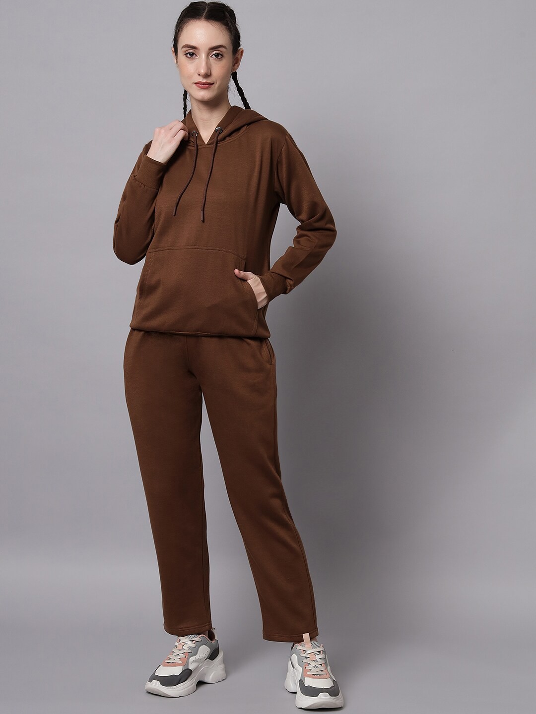

GRIFFEL Women Coffee Brown Printed Hooded Tracksuits