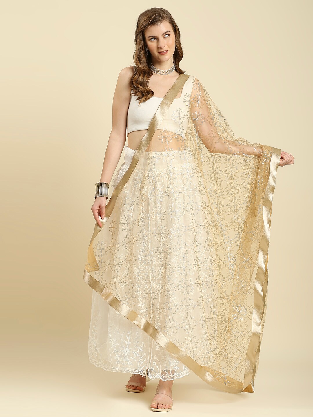 

Dupatta Bazaar Women Gold Embroidered Net Dupatta