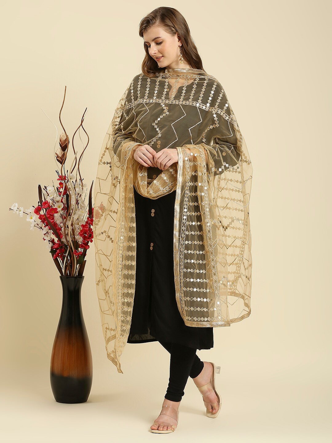 

Dupatta Bazaar Women Gold Embroidered Net Dupatta
