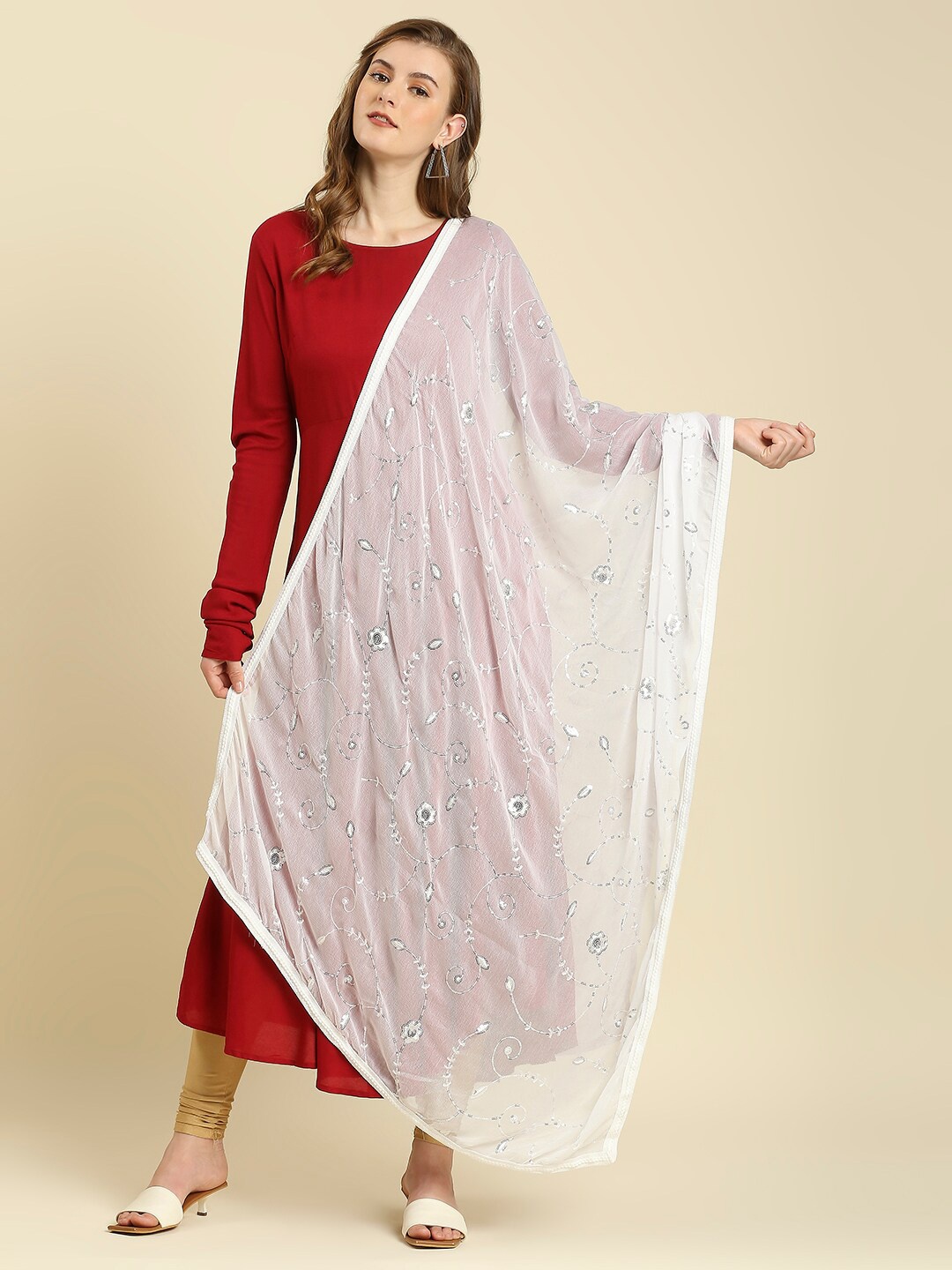 

Dupatta Bazaar Women White & Silver Embroidered Chiffon Dupatta
