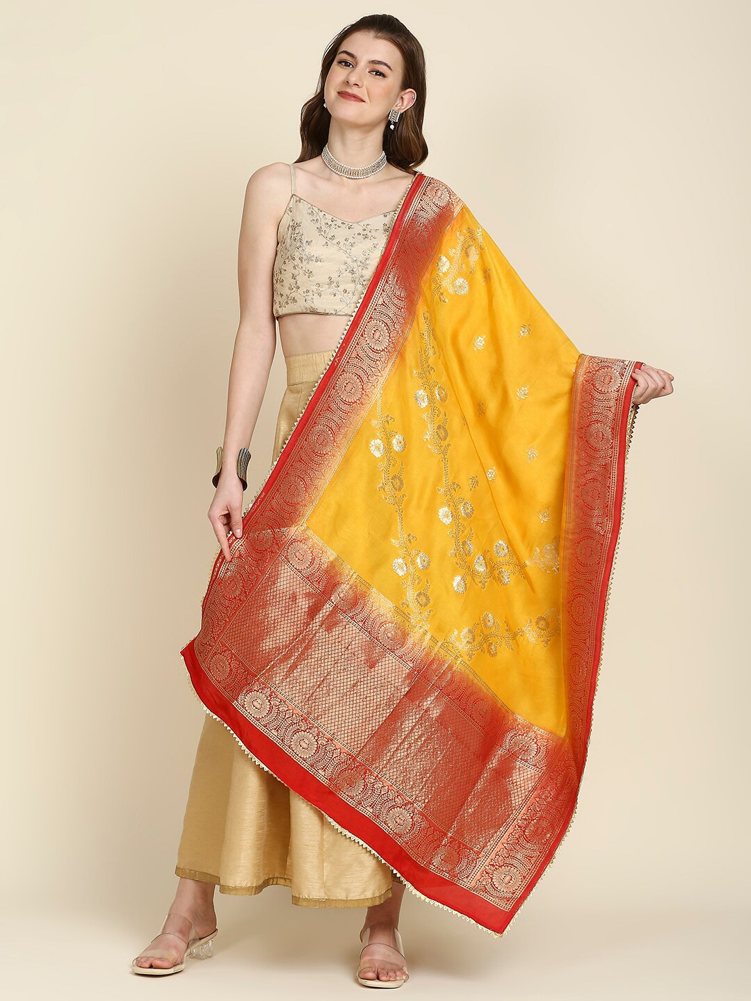 

Dupatta Bazaar Women Yellow & Red Woven Design Banarasi Silk Dupatta