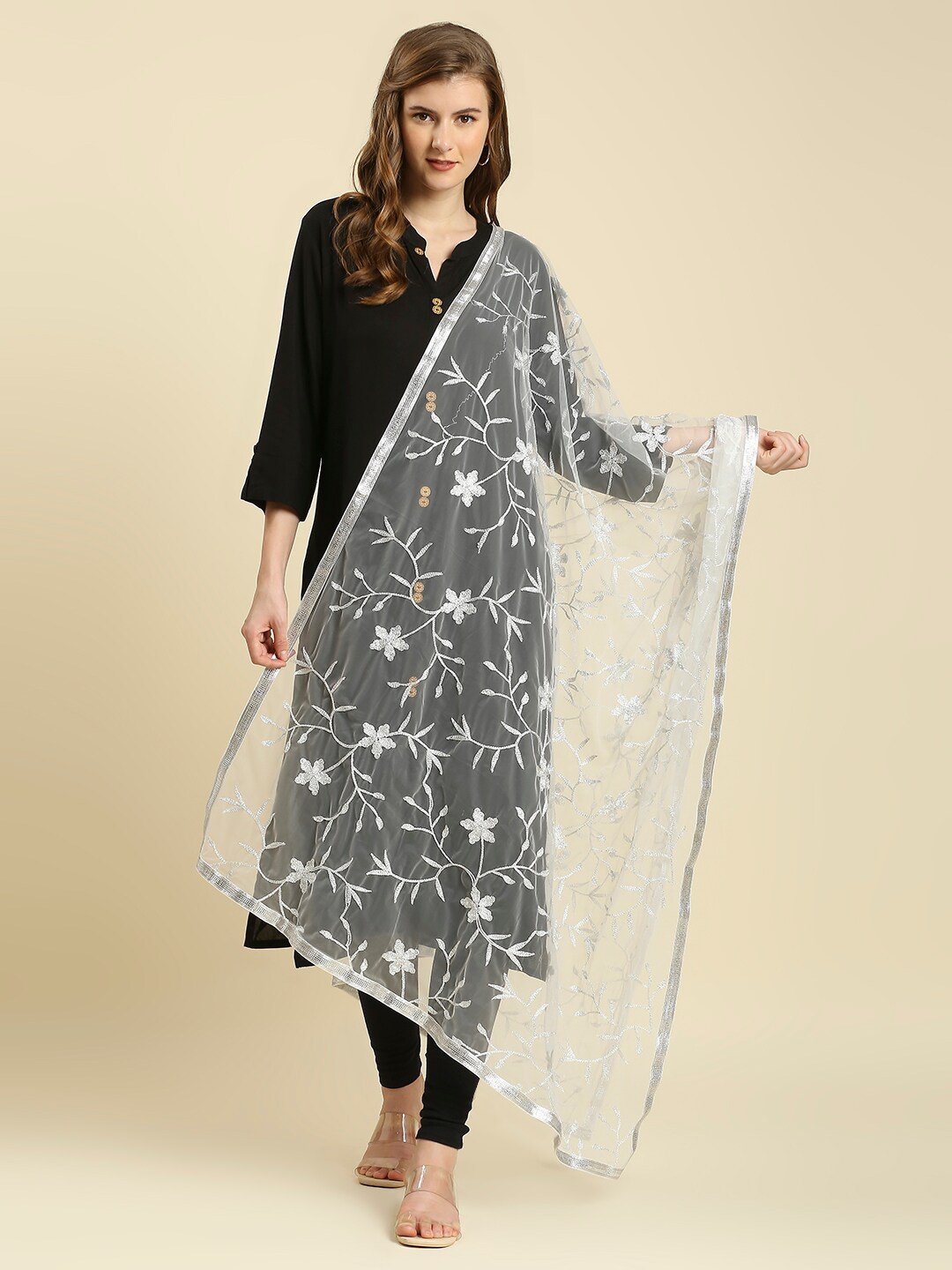 

Dupatta Bazaar Women White Embroidered Net Dupatta