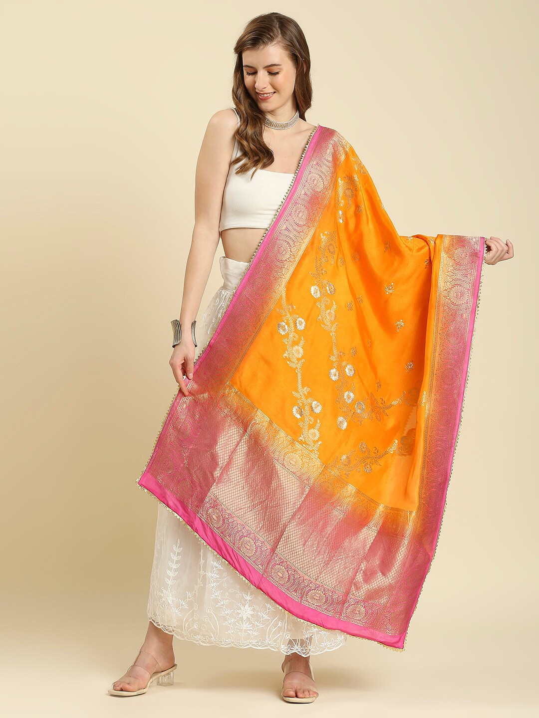 

Dupatta Bazaar Women Orange & Pink Woven Design Banarasi Silk Dupatta