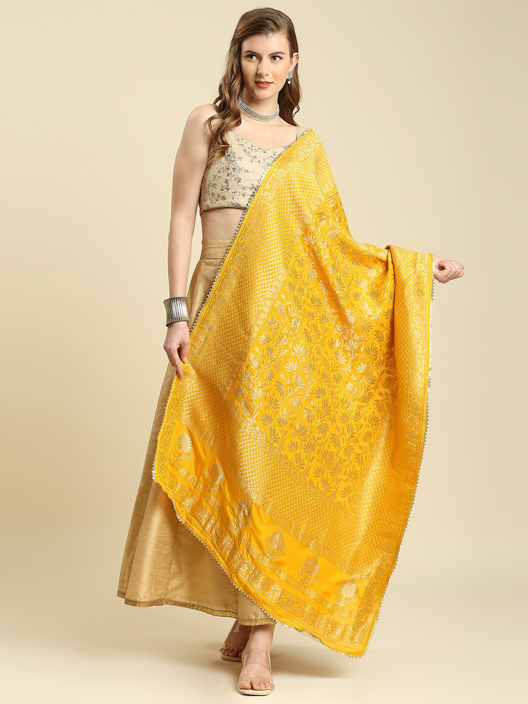 

Dupatta Bazaar Women Yellow & Gold Banarasi Woven Design Jaal Silk Dupatta