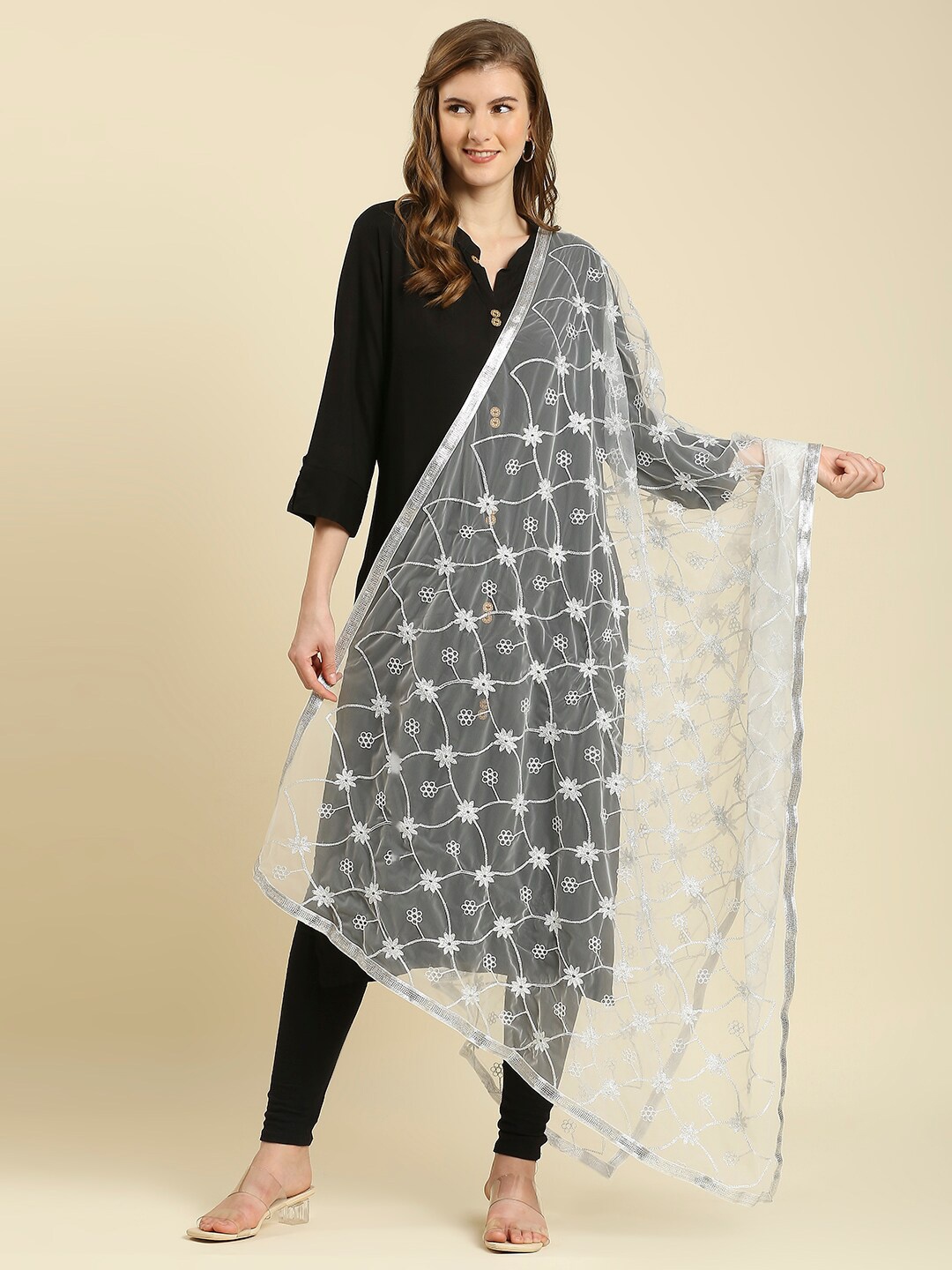 

Dupatta Bazaar Women White & Silver Embroidered Net Dupatta